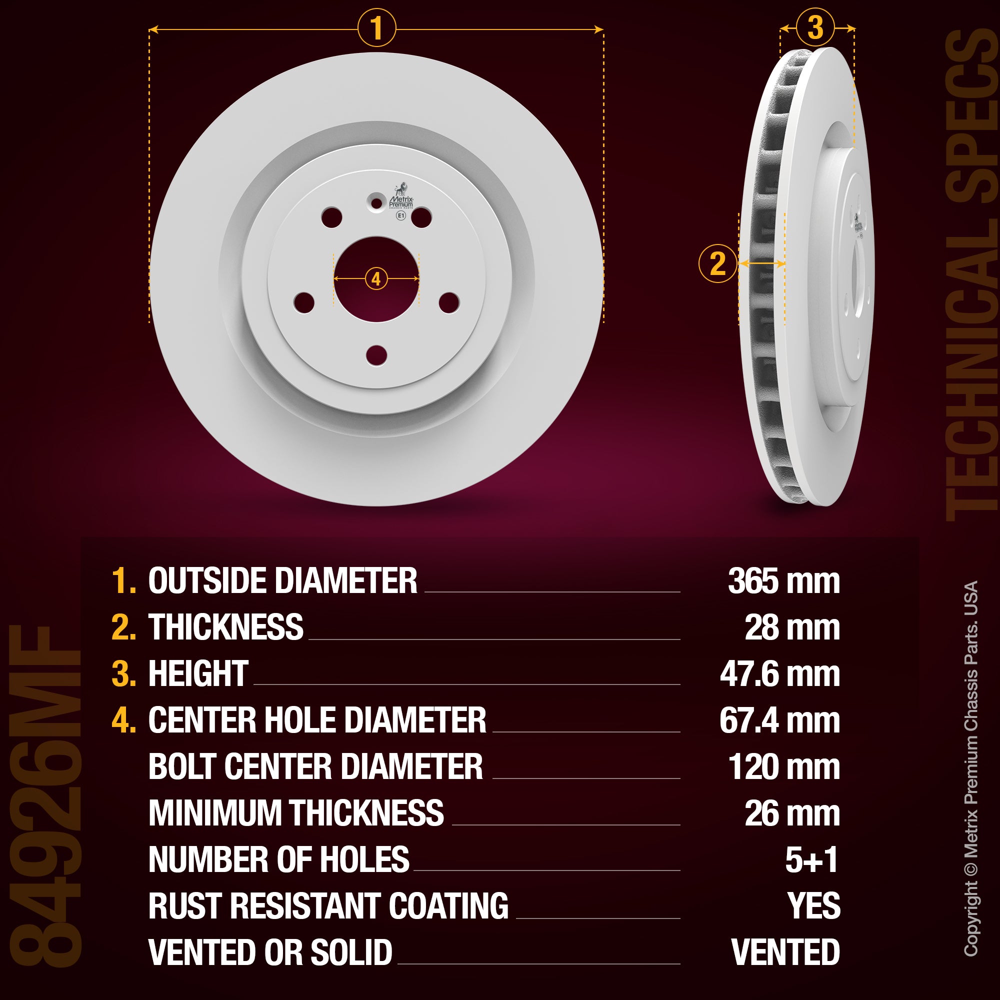 METRIX PREMIUM CHASSIS PARTS Disc Brake Rotor P/N:84926MF Fits: Cadillac Cts 15-09, Chevrolet Camaro 15-10