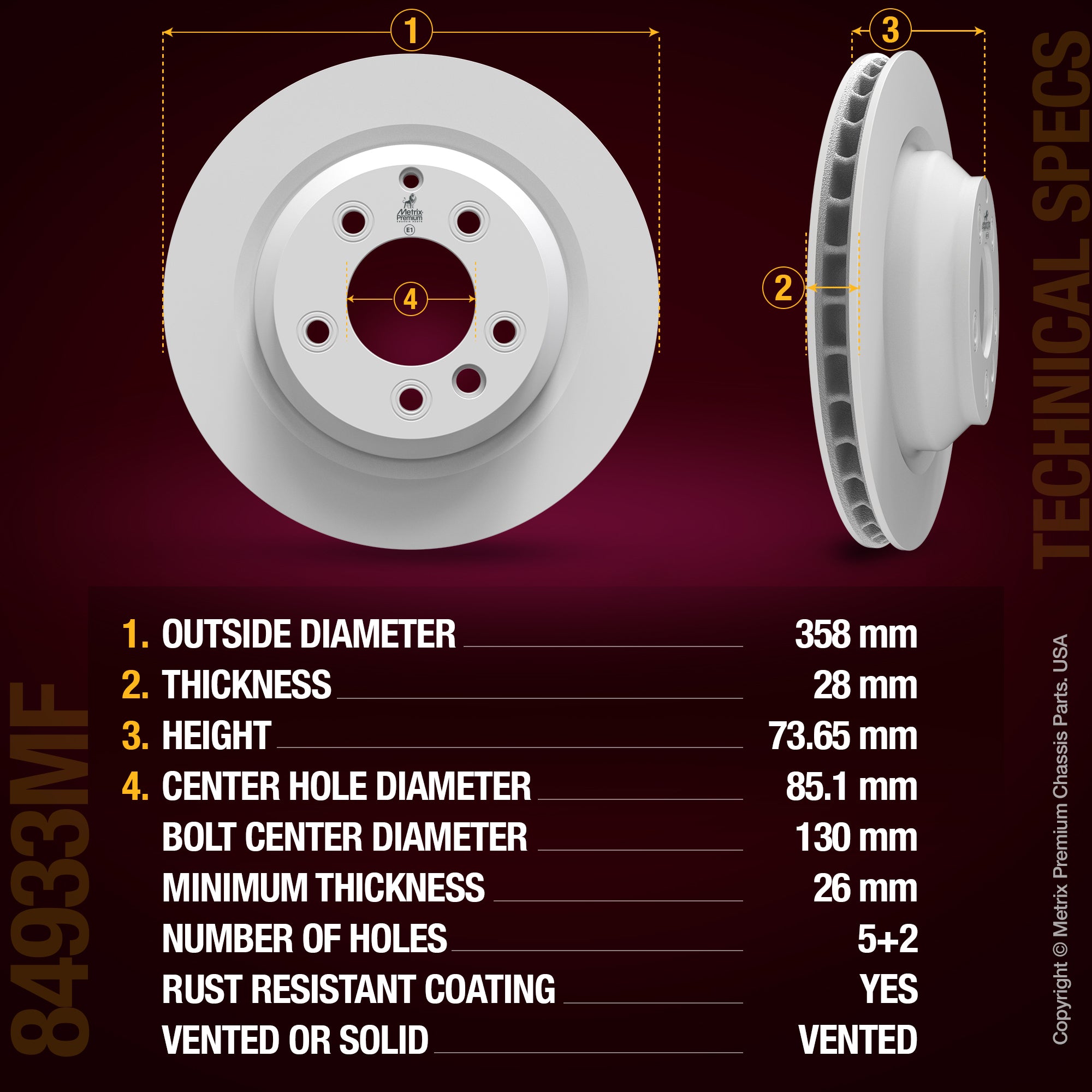 METRIX PREMIUM CHASSIS PARTS Disc Brake Rotor P/N:84933MF Fits: Porsche Cayenne 06-05, Porsche Cayenne 12-08