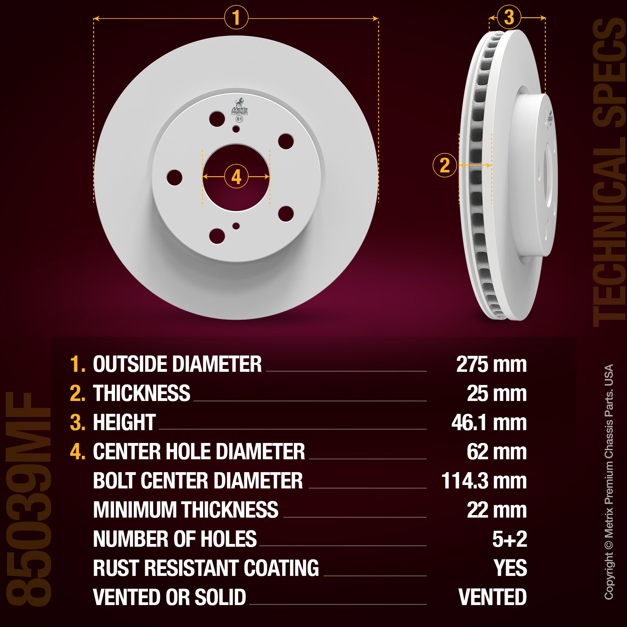 METRIX PREMIUM CHASSIS PARTS Disc Brake Rotor P/N:85039MF Fits: Toyota Rav4 18-09