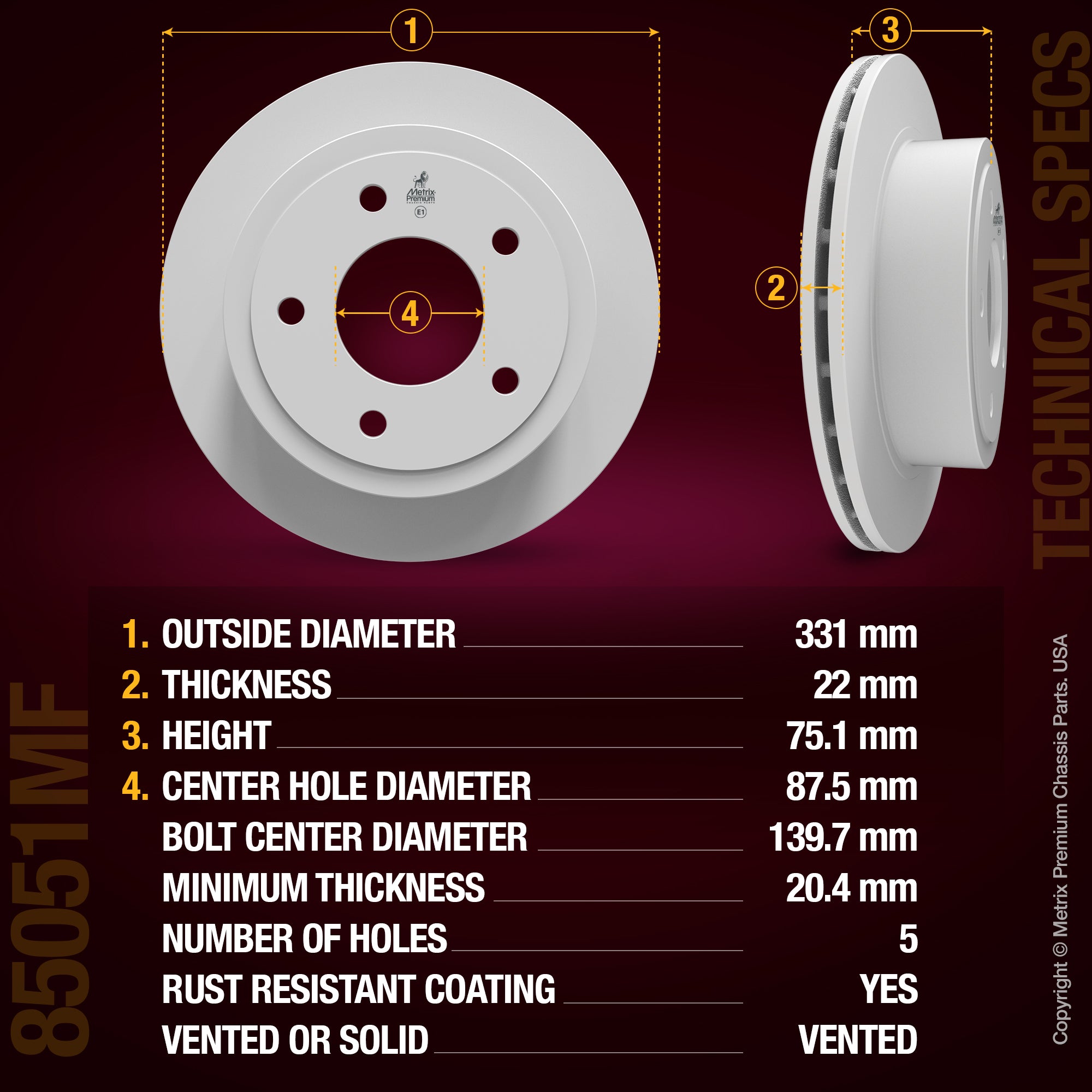 METRIX PREMIUM CHASSIS PARTS Disc Brake Rotor P/N:85051MF Fits: Ford E-150 06-03, Ford Econoline 2006
