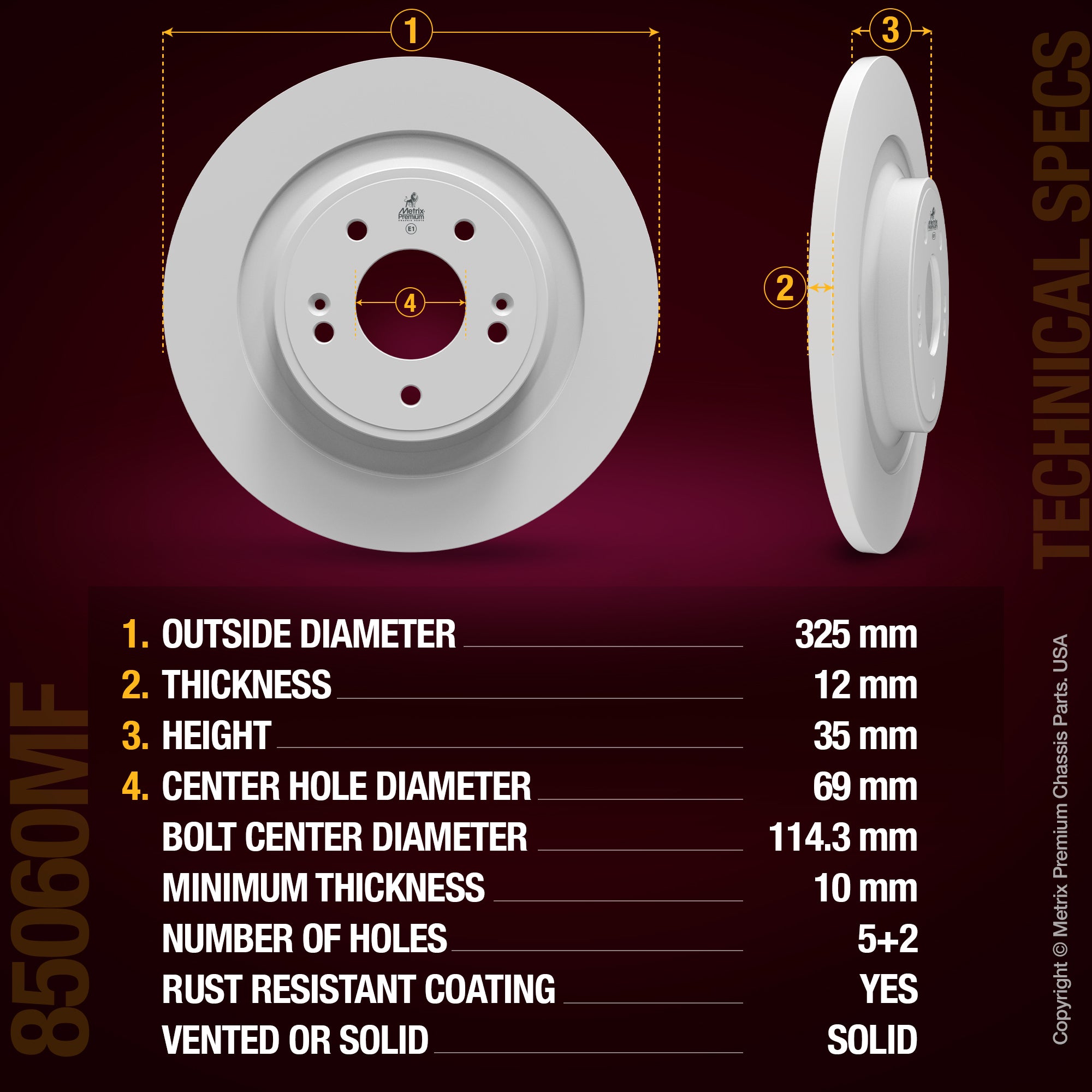 METRIX PREMIUM CHASSIS PARTS Disc Brake Rotor P/N:85060MF Fits: Hyundai Santa Cruz 24-22, Kia Carnival 23-22