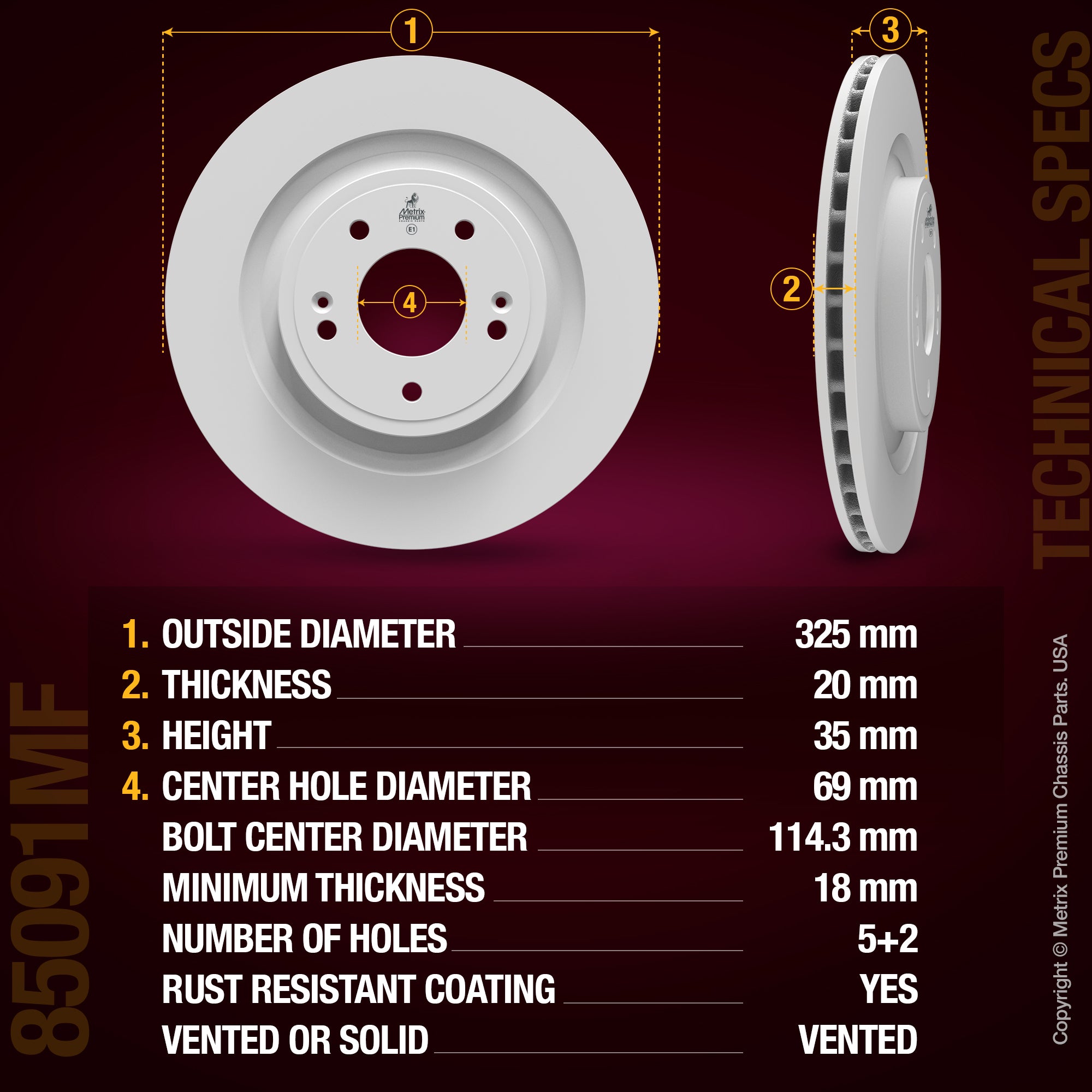 METRIX PREMIUM CHASSIS PARTS Disc Brake Rotor P/N:85091MF Fits: Hyundai Santa Fe 24-21, Kia Sorento 23-21