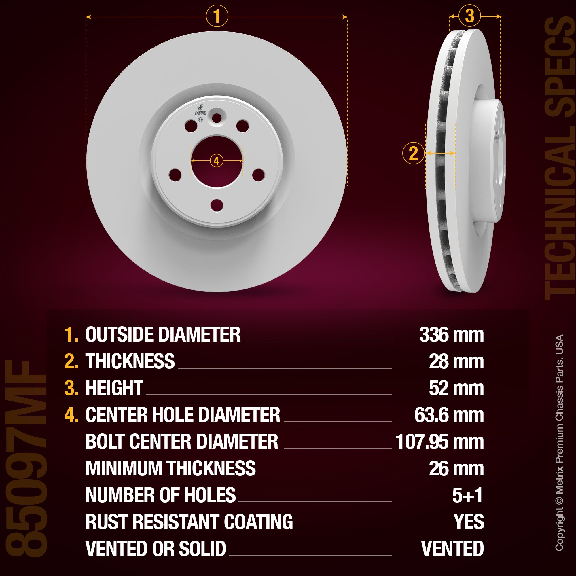 METRIX PREMIUM CHASSIS PARTS Disc Brake Rotor P/N:85097MF Fits: Volvo S60 18-11, Volvo S80 16-07, Volvo V60 18-15, Volvo V70 10-08, Volvo Xc70 16-08