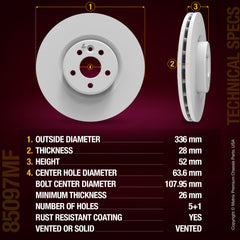 METRIX PREMIUM CHASSIS PARTS Disc Brake Rotor P/N:85097MF Fits: Volvo S60 18-11, Volvo S80 16-07, Volvo V60 18-15, Volvo V70 10-08, Volvo Xc70 16-08