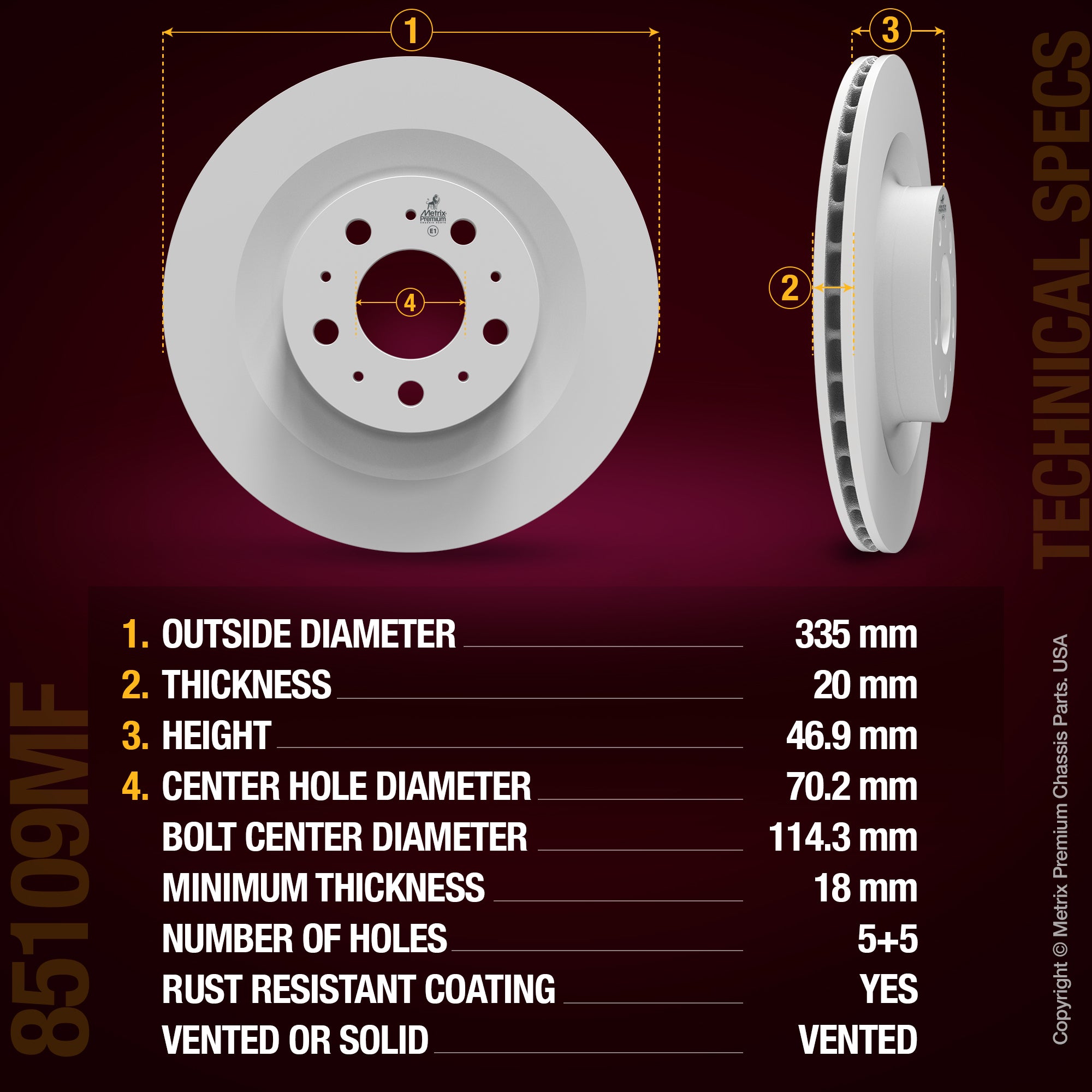 METRIX PREMIUM CHASSIS PARTS Disc Brake Rotor P/N:85109MF Fits: Tesla Y 24-20