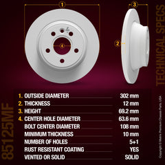 METRIX PREMIUM CHASSIS PARTS Disc Brake Rotor P/N:85125MF Fits: Volvo S80 09-07, Volvo Xc70 2008
