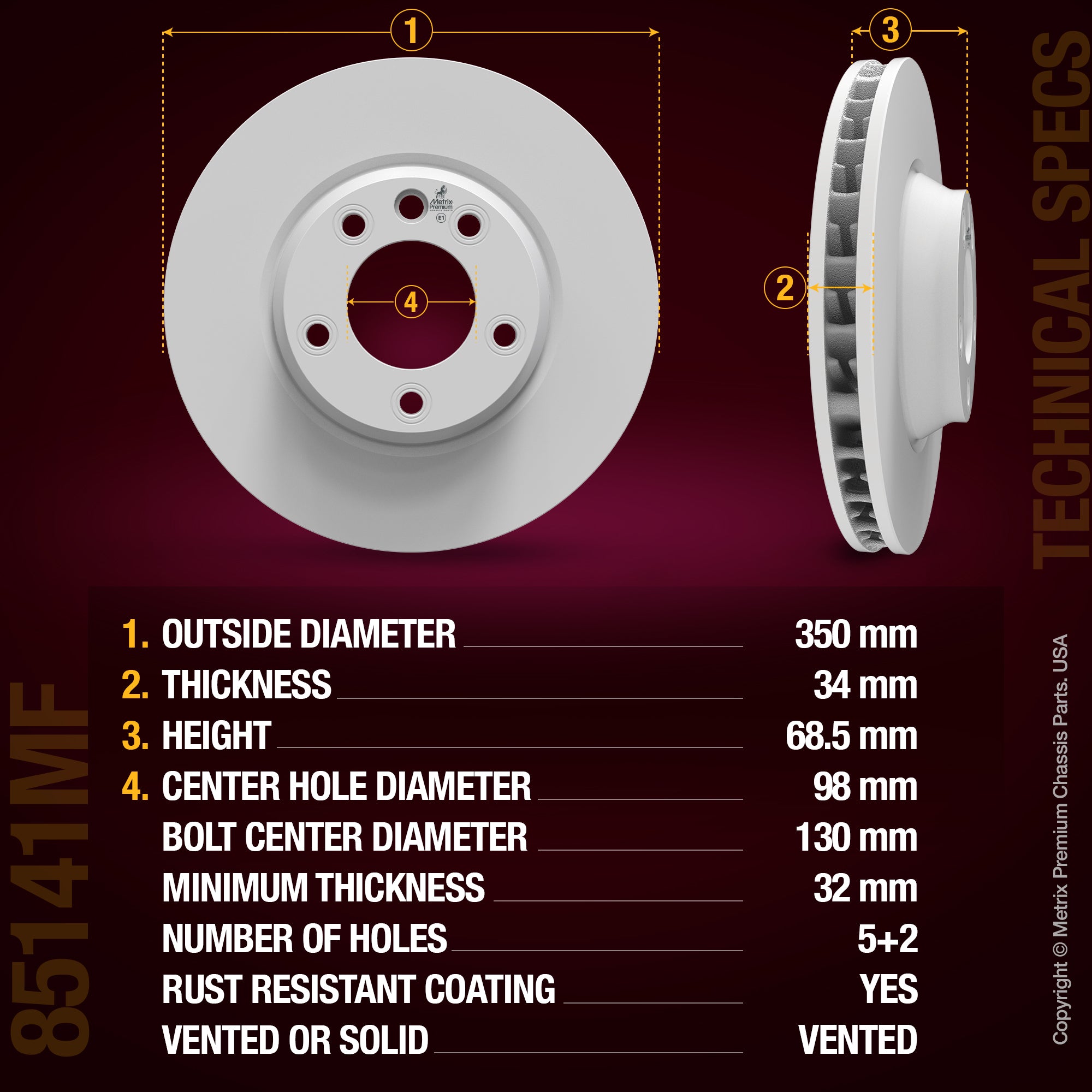 METRIX PREMIUM CHASSIS PARTS Disc Brake Rotor P/N:85141MF Fits: Porsche Cayenne 23-19, Porsche Panamera 23-17