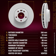 METRIX PREMIUM CHASSIS PARTS Disc Brake Rotor P/N:85141MF Fits: Porsche Cayenne 23-19, Porsche Panamera 23-17