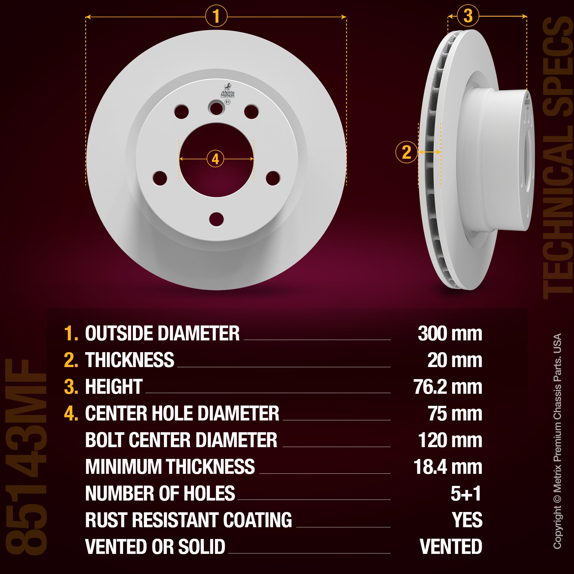 METRIX PREMIUM CHASSIS PARTS Disc Brake Rotor P/N:85143MF Fits: BMW 128i 13-08