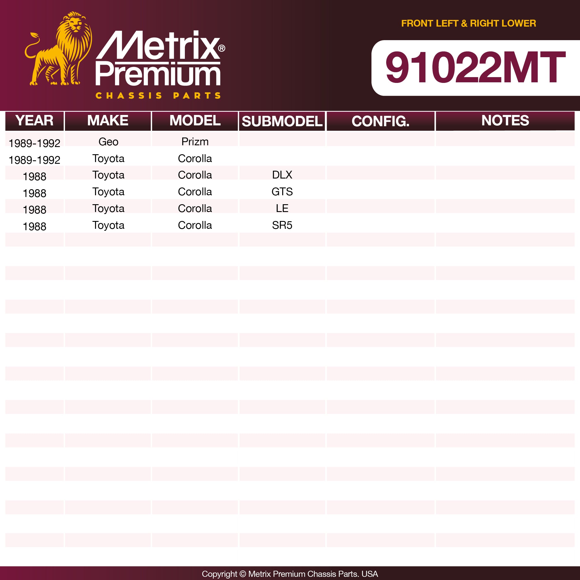 Metrix Premium Chassis Parts Front Left & Right Lower Ball Joint Kit 91022MT OEM fit auto parts