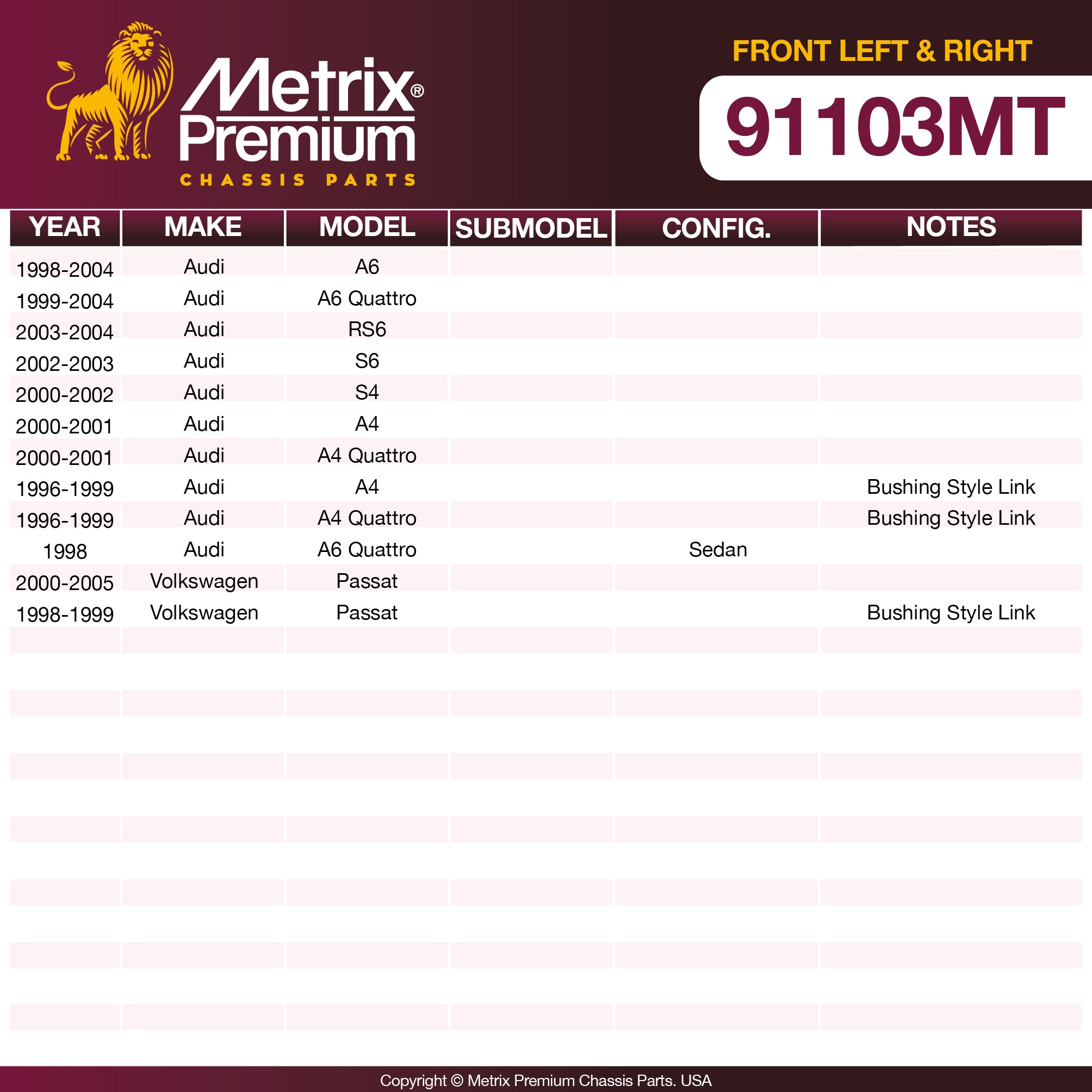 Metrix Premium Chassis Parts Front Left & Right Stabilizer Bar Link Kit 91103MT OEM fit auto parts