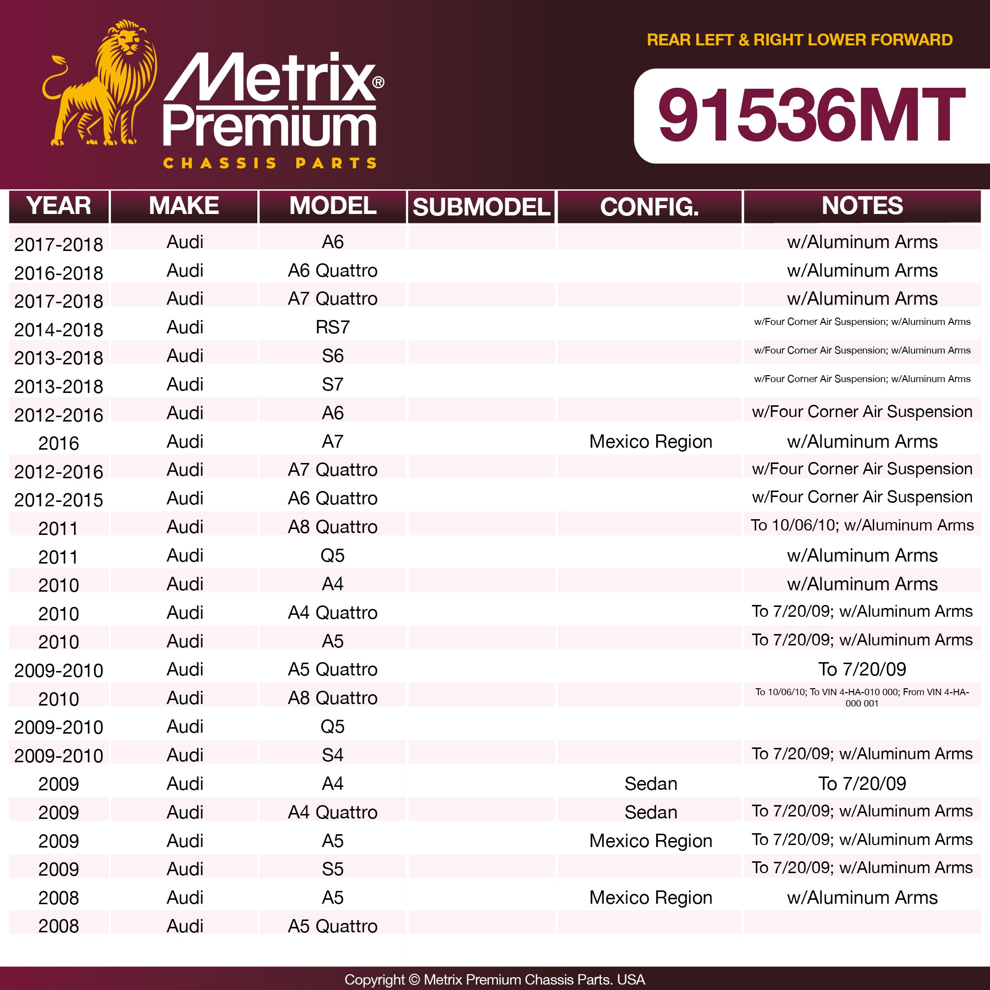 Metrix Premium Chassis Parts 2 PC Rear Left & Right Lower Forward Control Arm Kit 91536MT aftermarket car parts