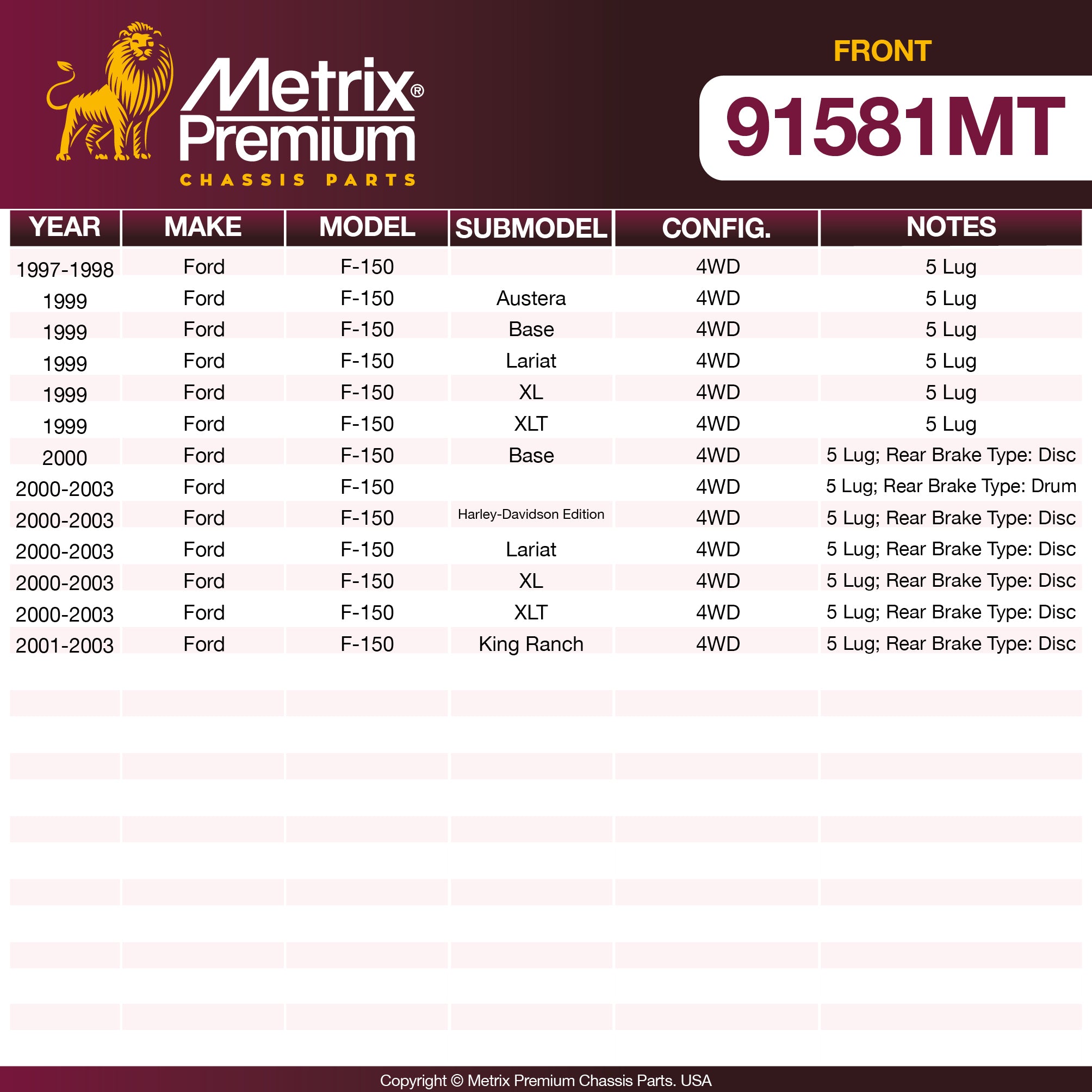 Metrix Premium Chassis Parts Front Brake Kit 91581MT OEM fit auto parts