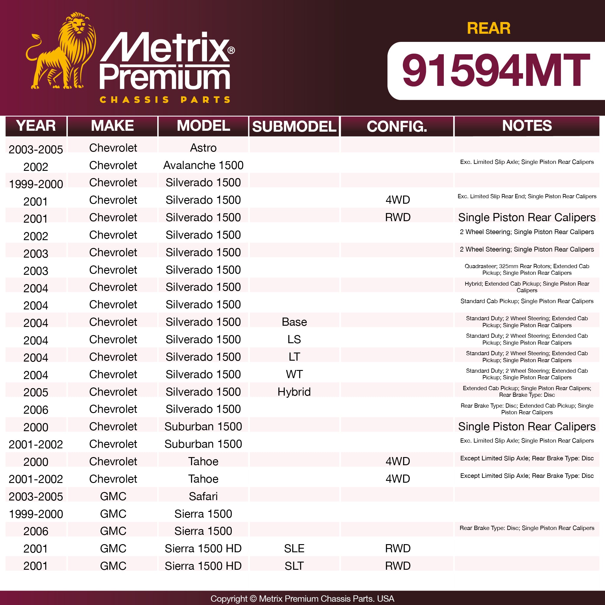 Metrix Premium Chassis Parts Rear Brake Kit 91594MT OEM fit auto parts