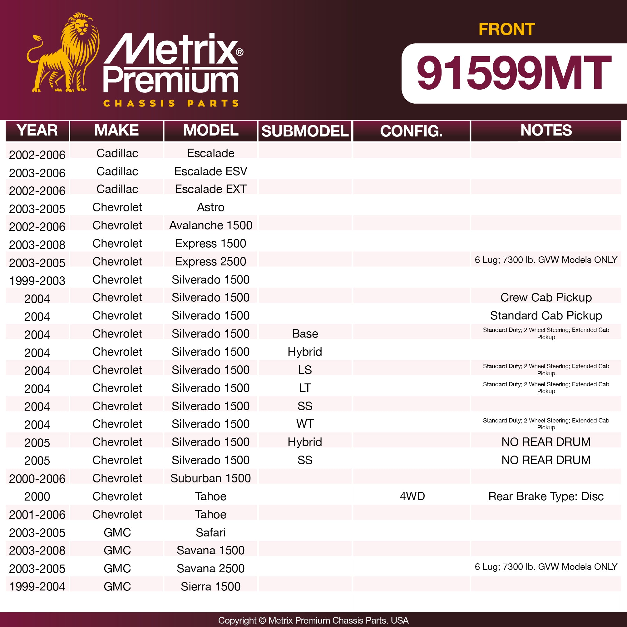 Metrix Premium Chassis Parts Front Brake Kit 91599MT OEM fit auto parts