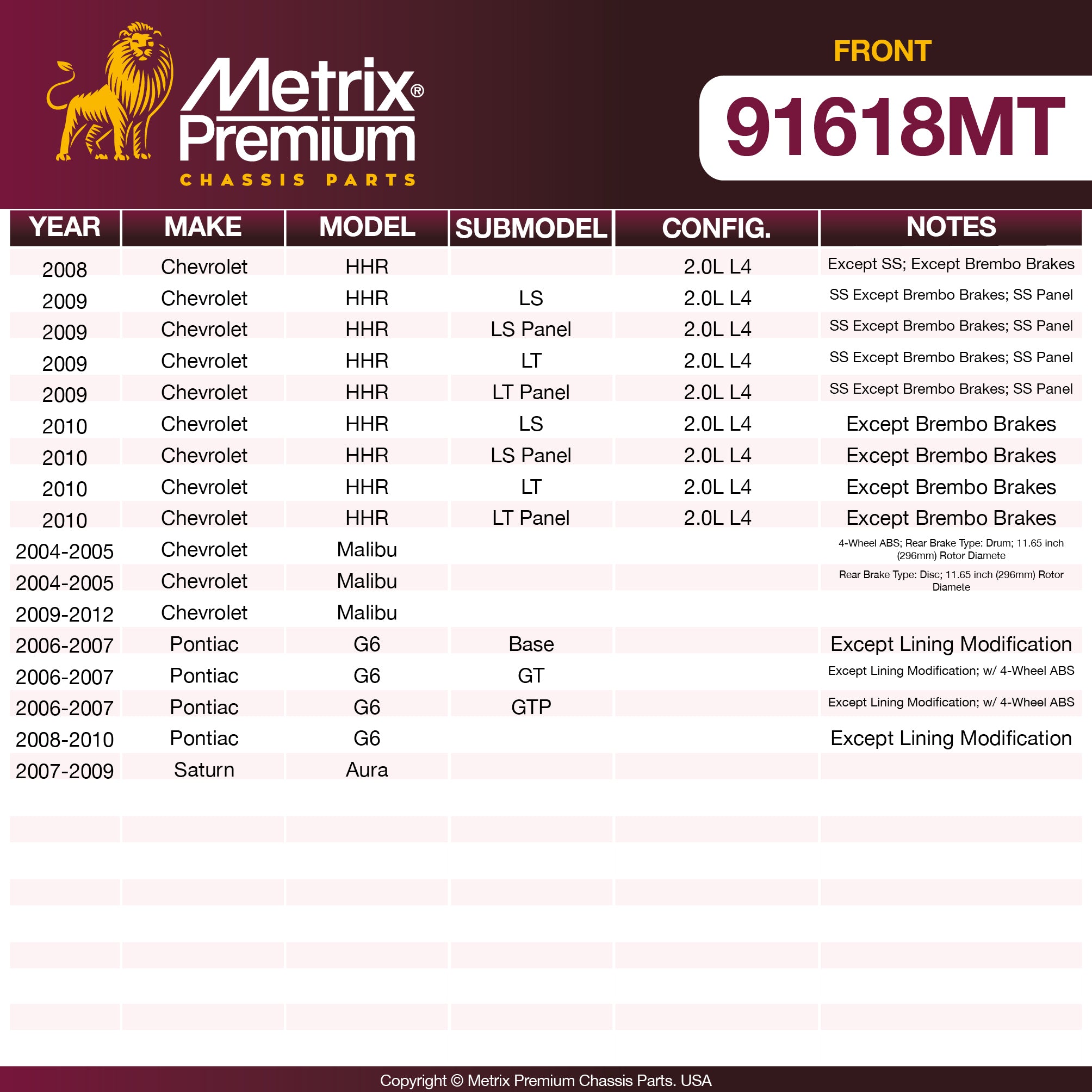 Metrix Premium Chassis Parts Front Brake Kit 91618MT OEM fit auto parts