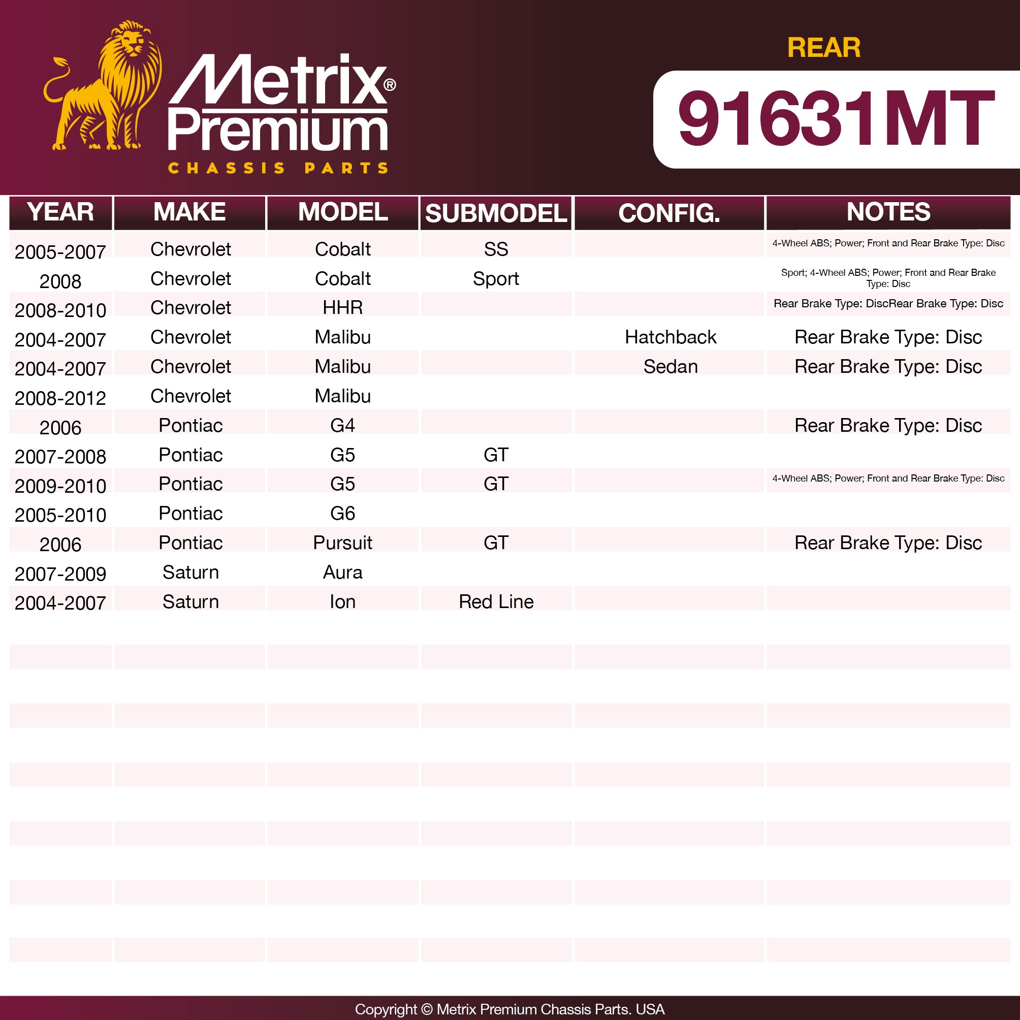Metrix Premium Chassis Parts Rear Brake Kit 91631MT OEM fit auto parts