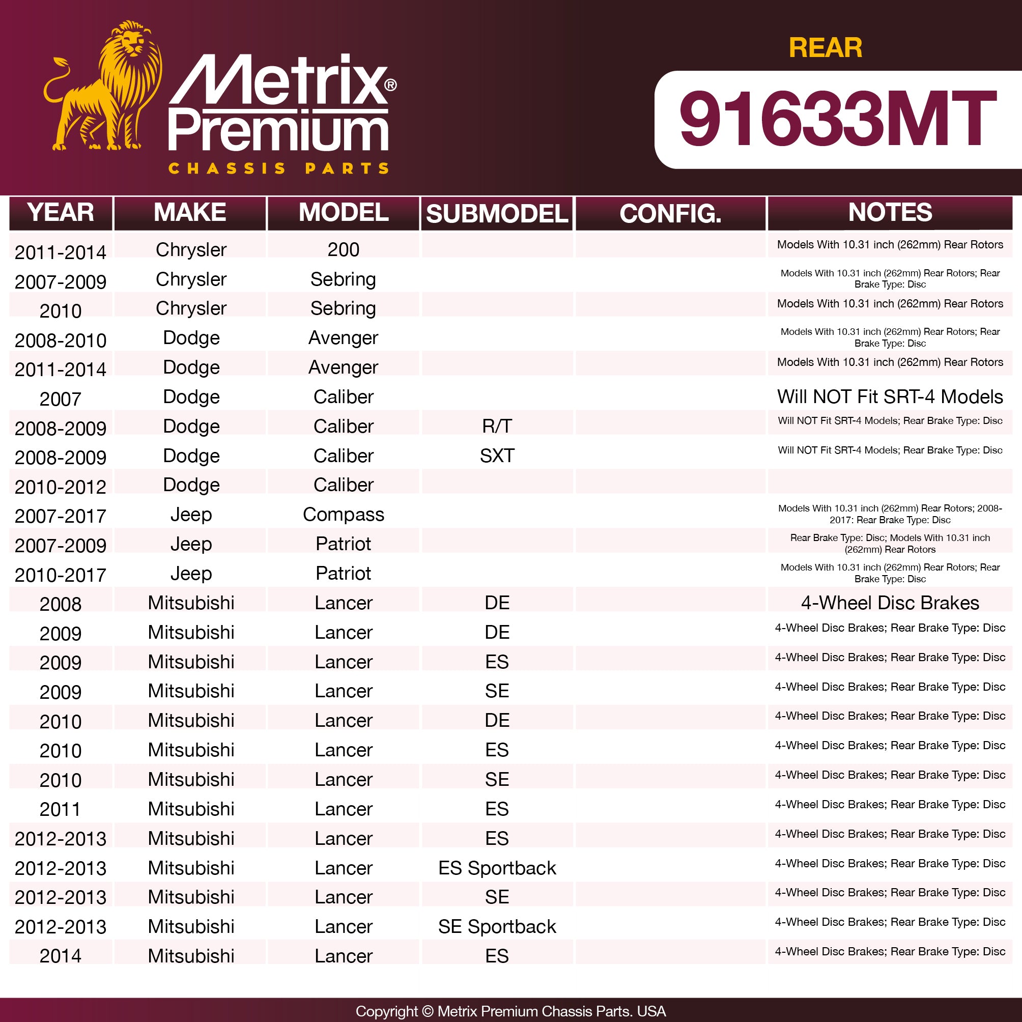 Metrix Premium Chassis Parts Rear Brake Kit 91633MT OEM fit auto parts