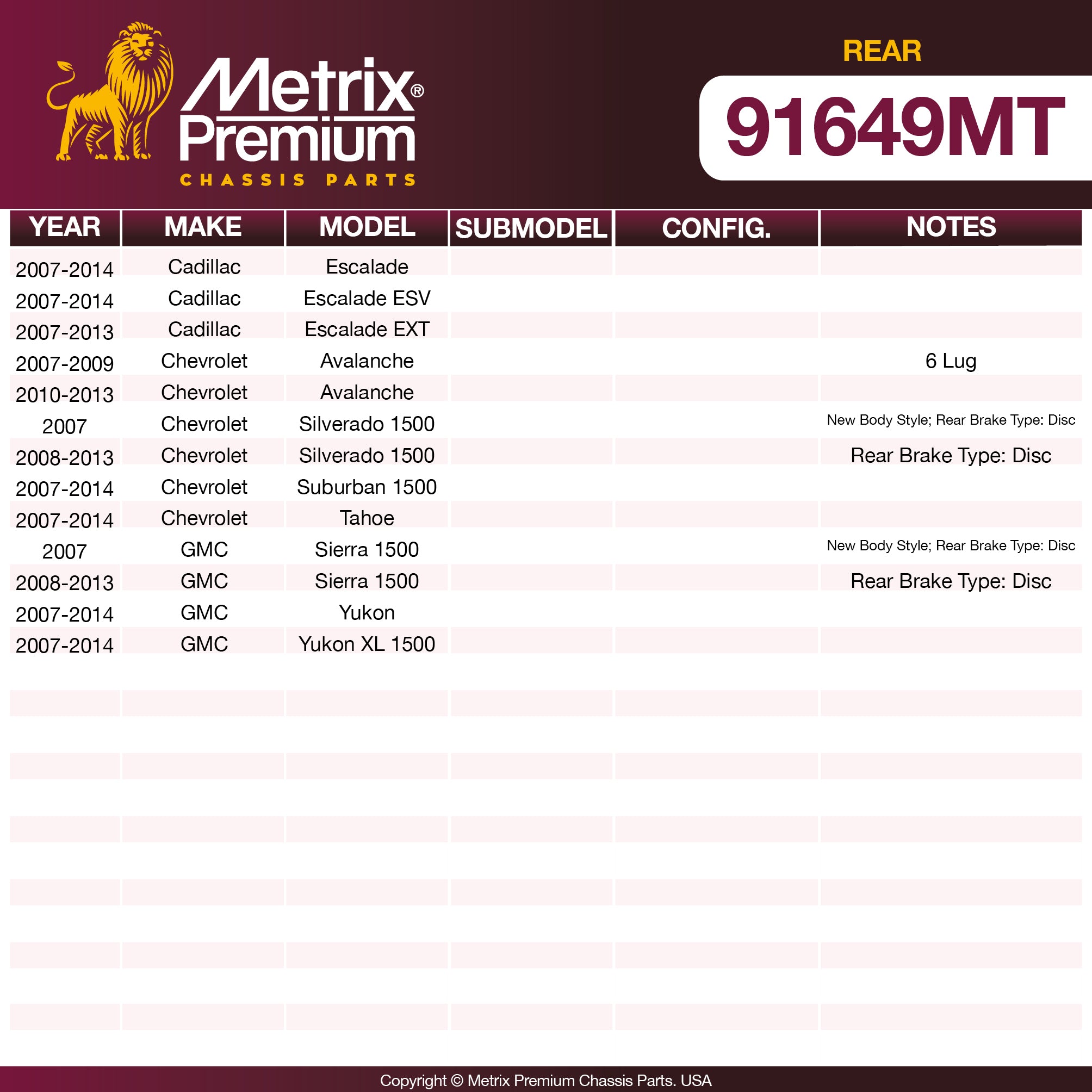 Metrix Premium Chassis Parts Rear Brake Kit 91649MT OEM fit auto parts