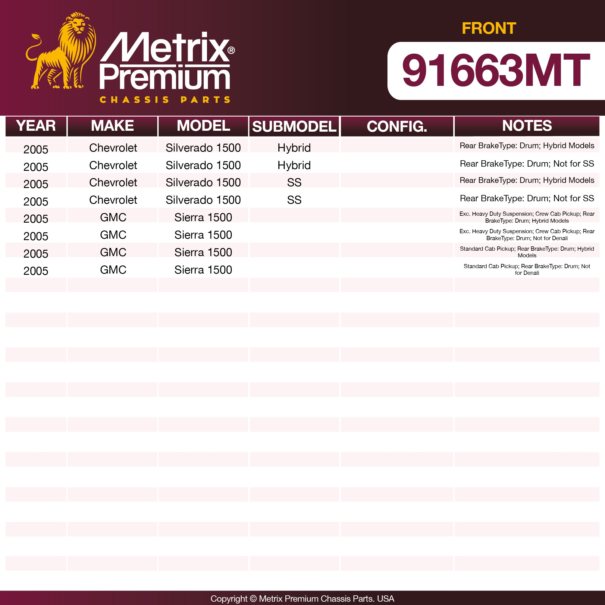 Metrix Premium Chassis Parts Front Brake Kit 91663MT OEM fit auto parts