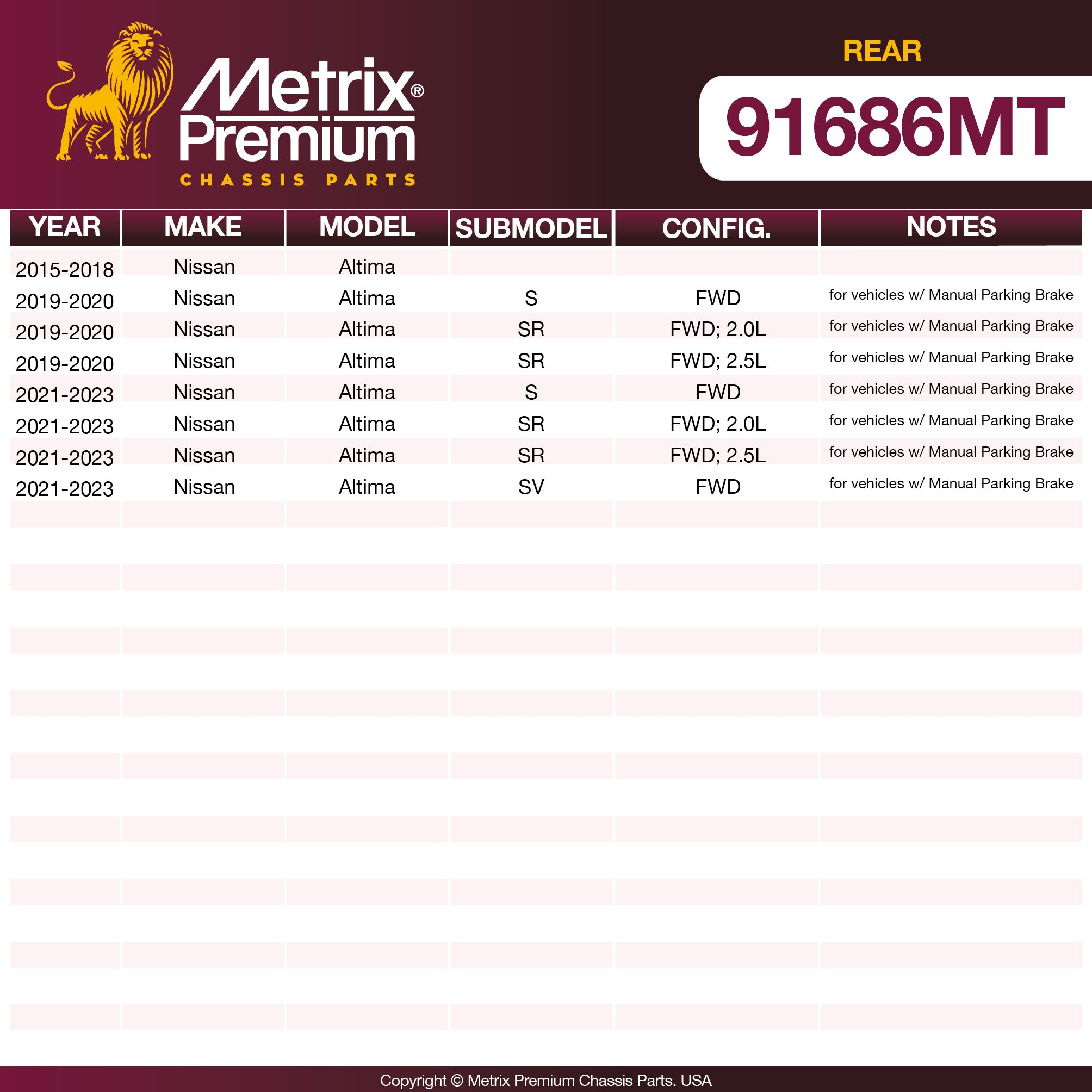 Metrix Premium Chassis Parts Rear Brake Kit 91686MT OEM fit auto parts