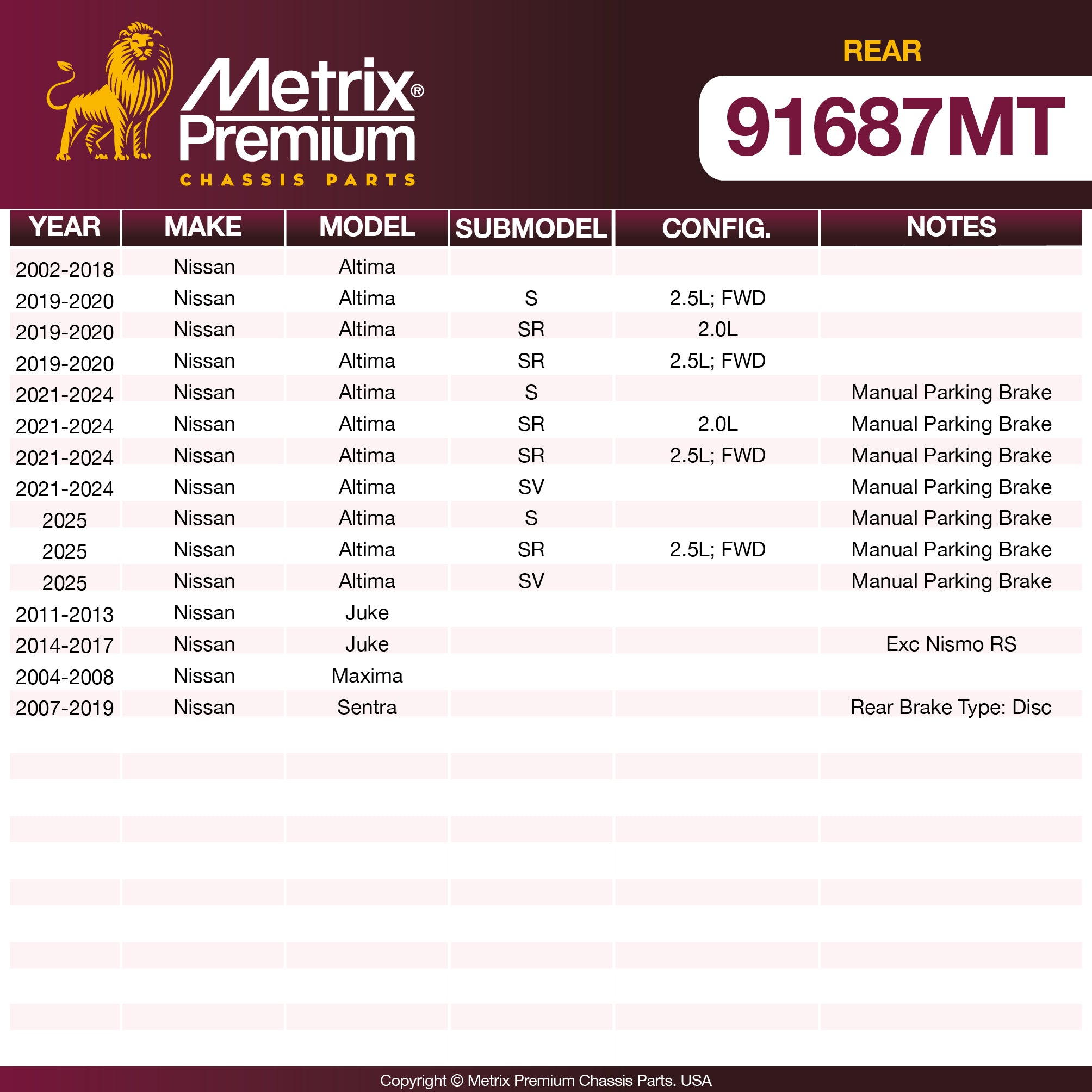 Metrix Premium Chassis Parts Rear Brake Kit 91687MT OEM fit auto parts