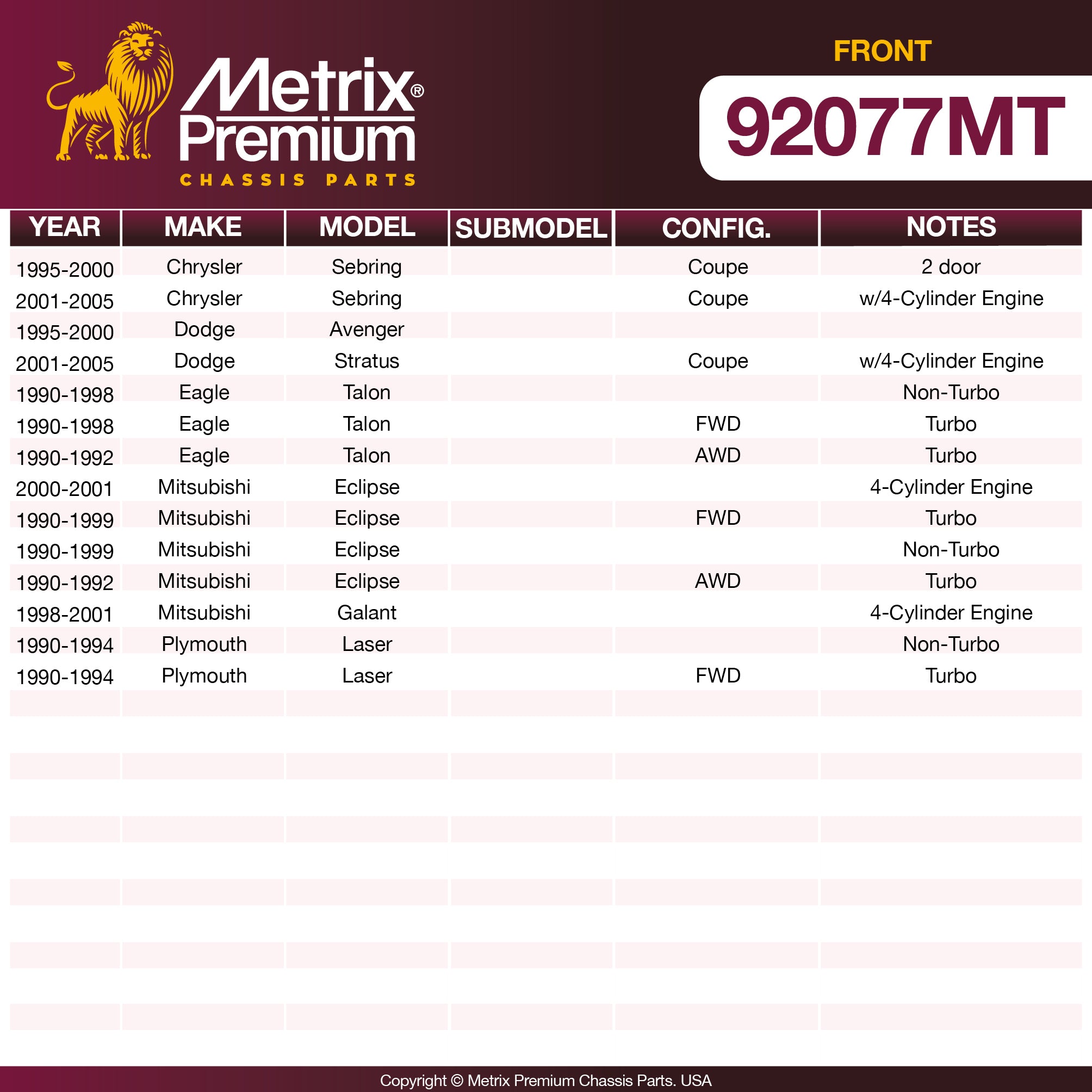 Metrix Premium Chassis Parts Front Disc Brake Rotor Kit 92077MT aftermarket car parts