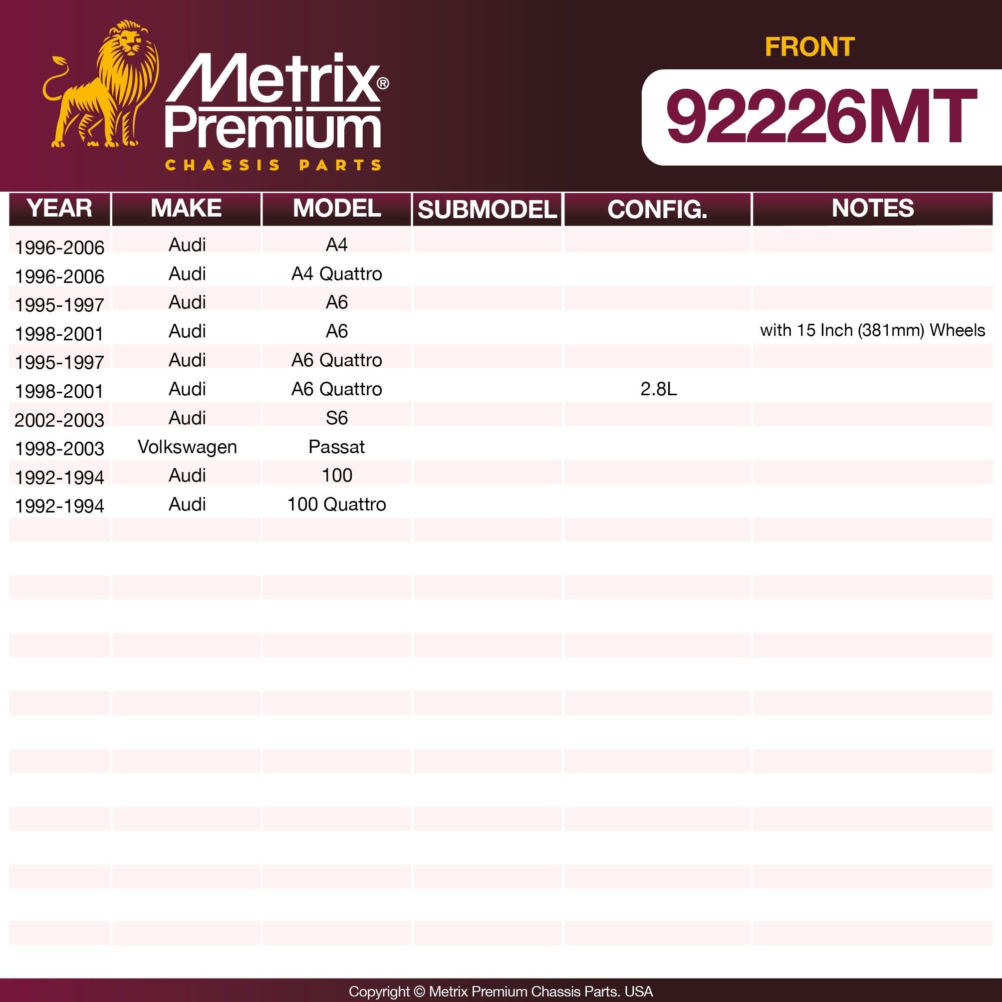 Metrix Premium Front Disc Brake Rotor Kit 92226MT OEM fit spare parts