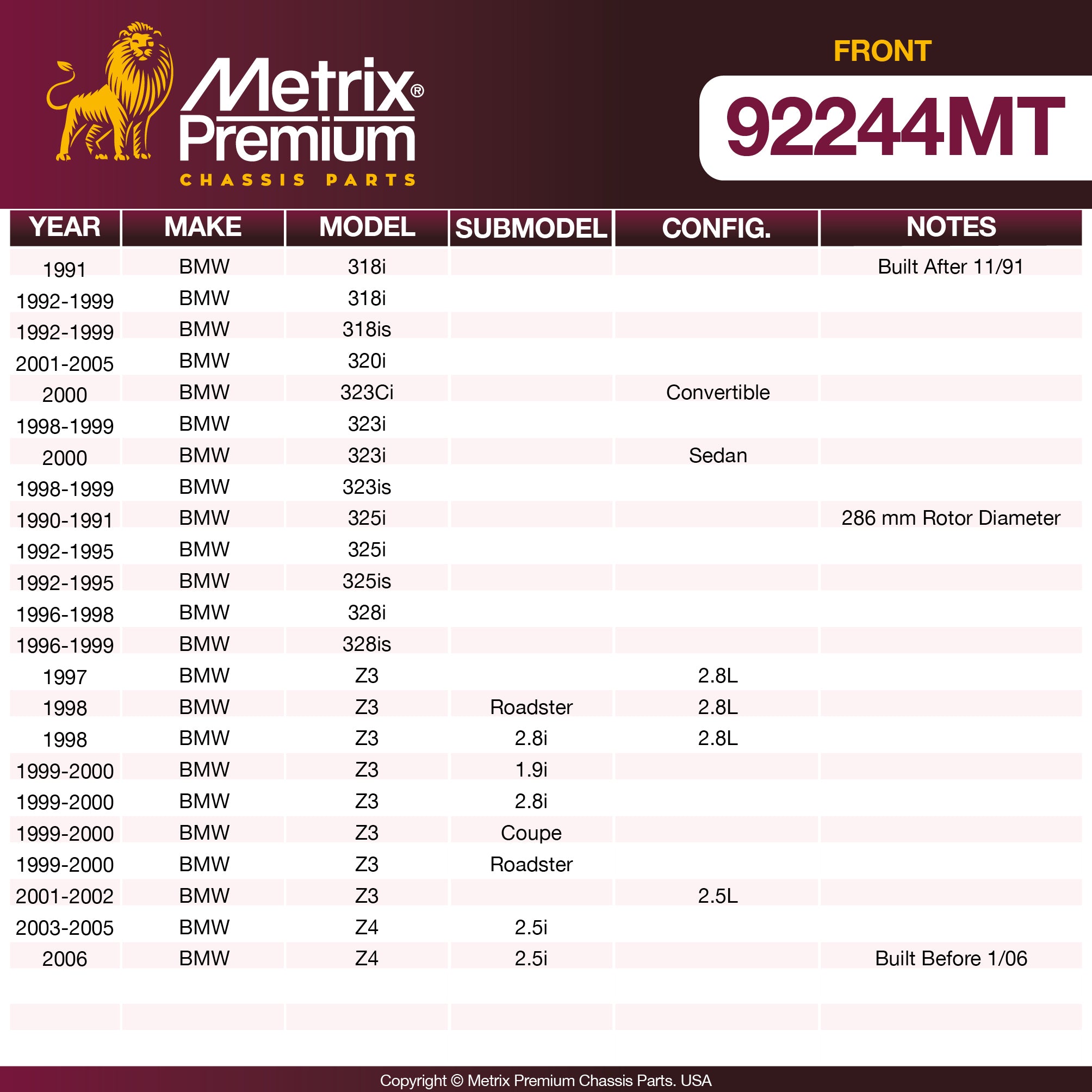 Metrix Premium Front Disc Brake Rotor Kit 92244MT OEM fit spare parts
