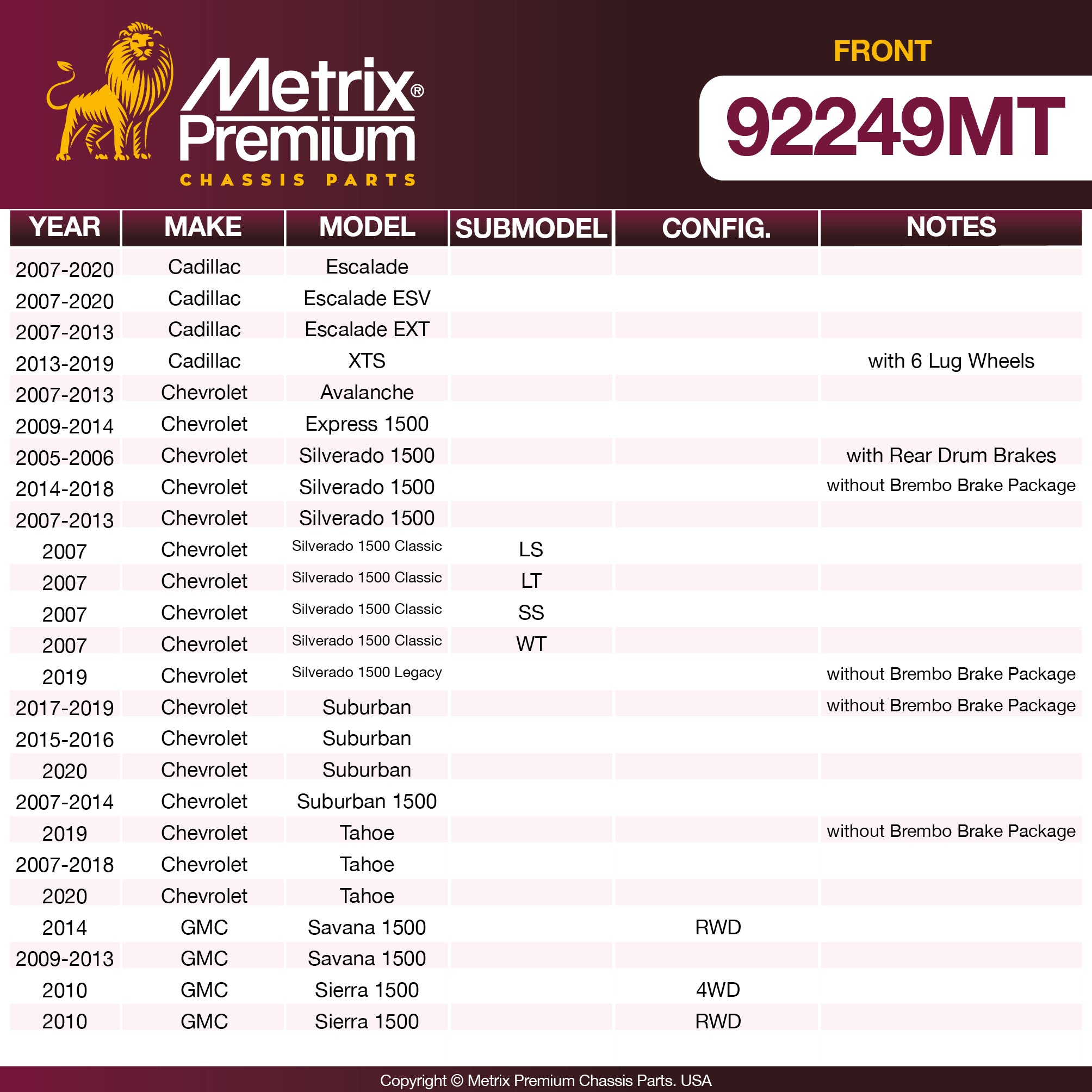 Metrix Premium Front Disc Brake Rotor Kit 92249MT OEM fit spare parts