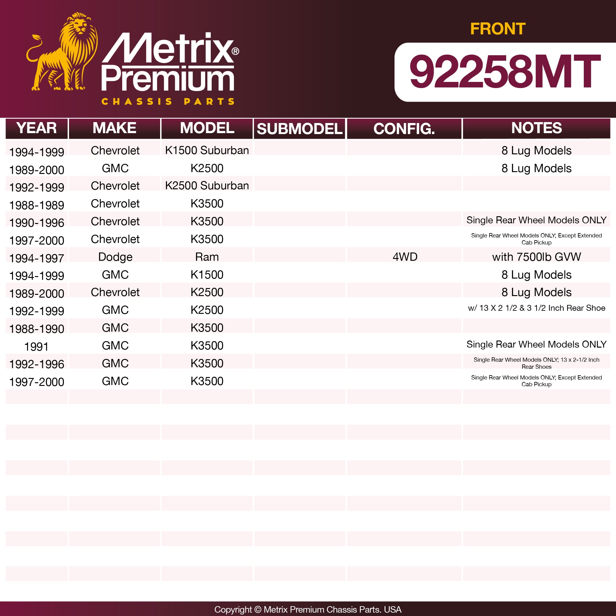 Metrix Premium Front Disc Brake Rotor Kit 92258MT OEM fit spare parts