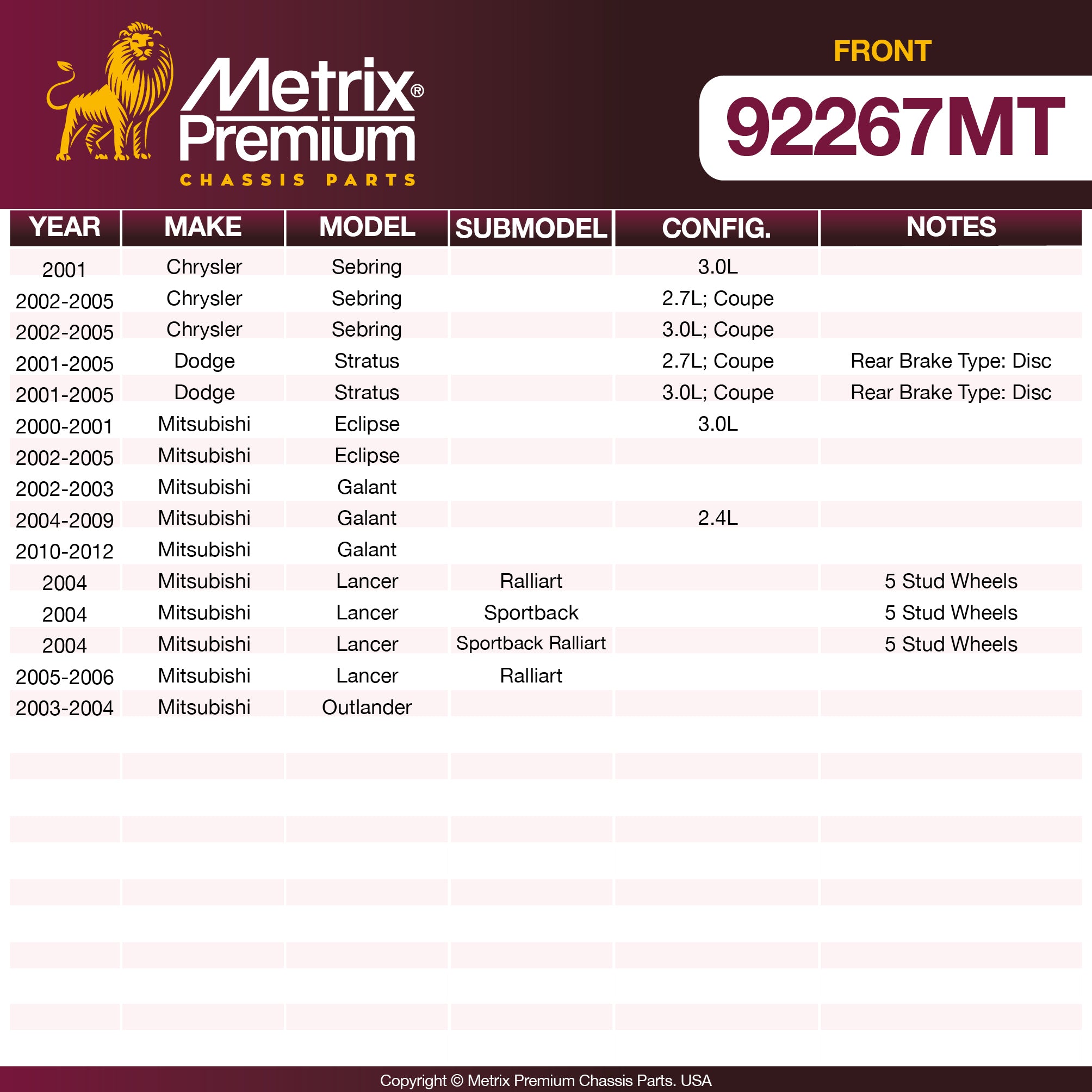 Metrix Premium Front Disc Brake Rotor Kit 92267MT OEM fit spare parts