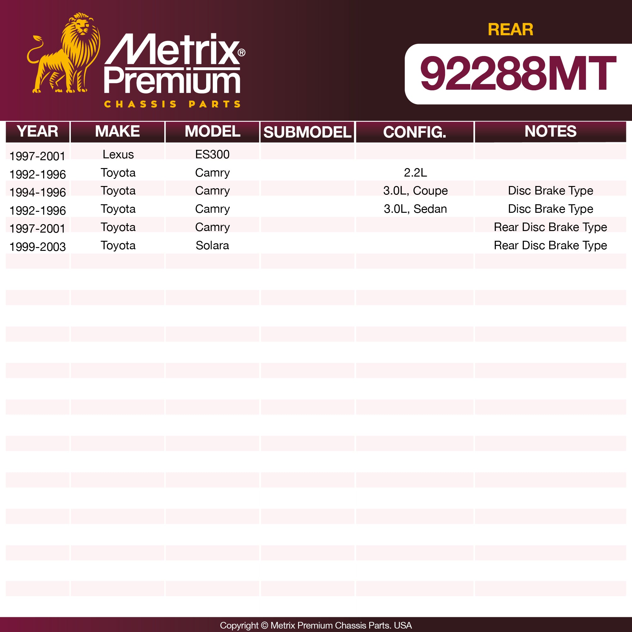 Metrix Premium Rear Disc Brake Rotor Kit 92288MT OEM fit spare parts