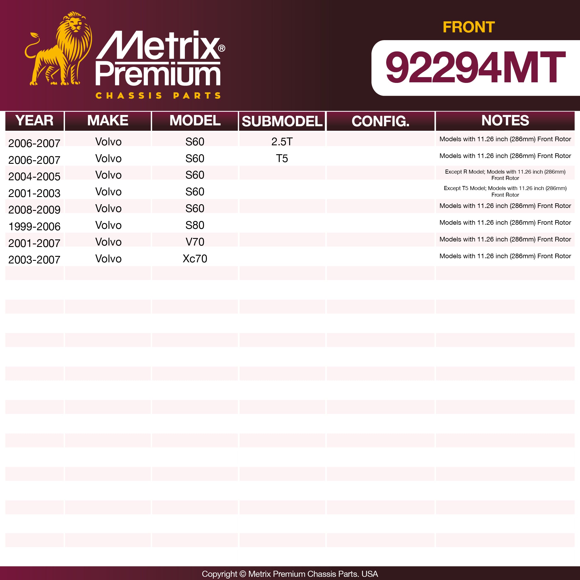 Metrix Premium Front Disc Brake Rotor Kit 92294MT OEM fit spare parts