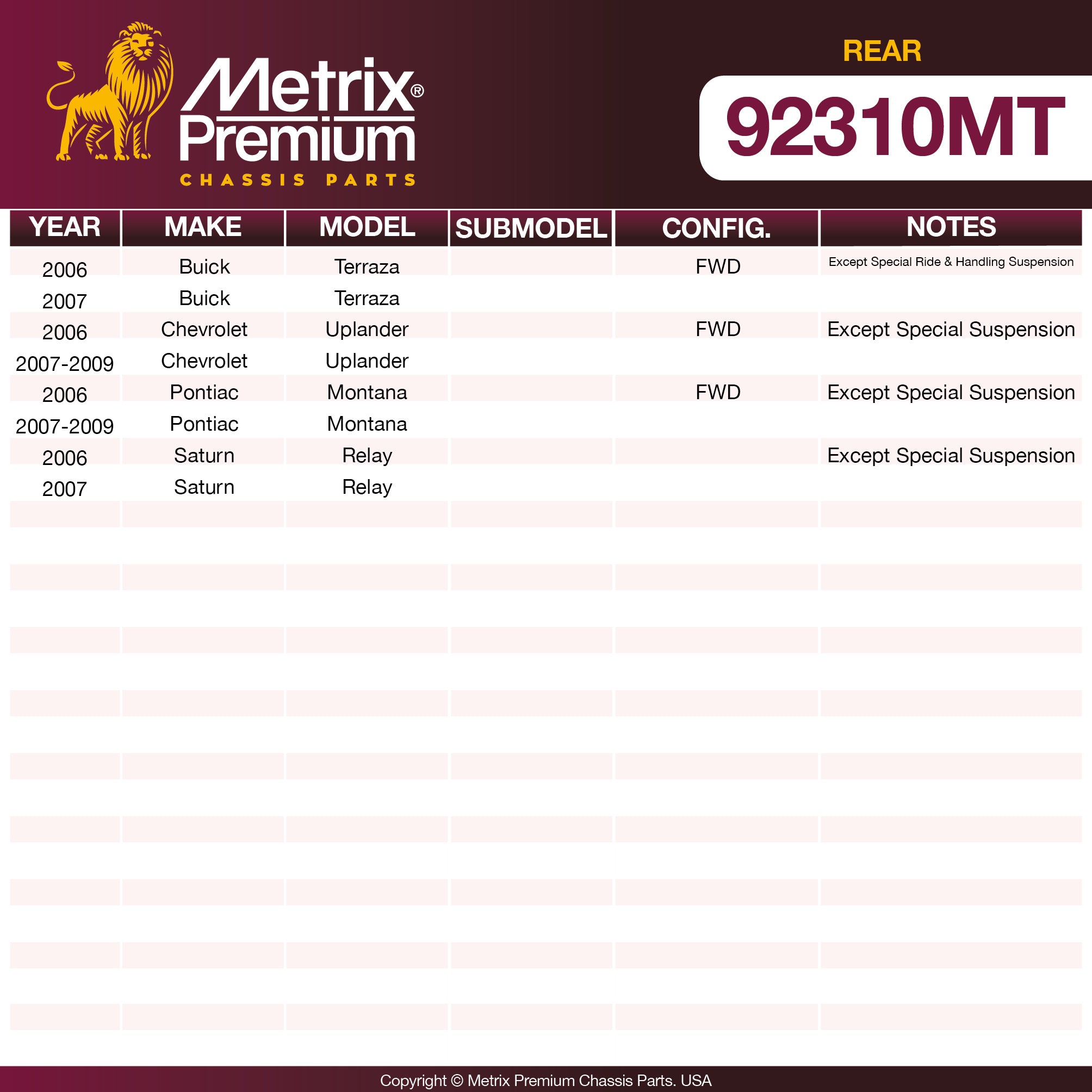 Metrix Premium Rear Disc Brake Rotor Kit 92310MT OEM fit spare parts