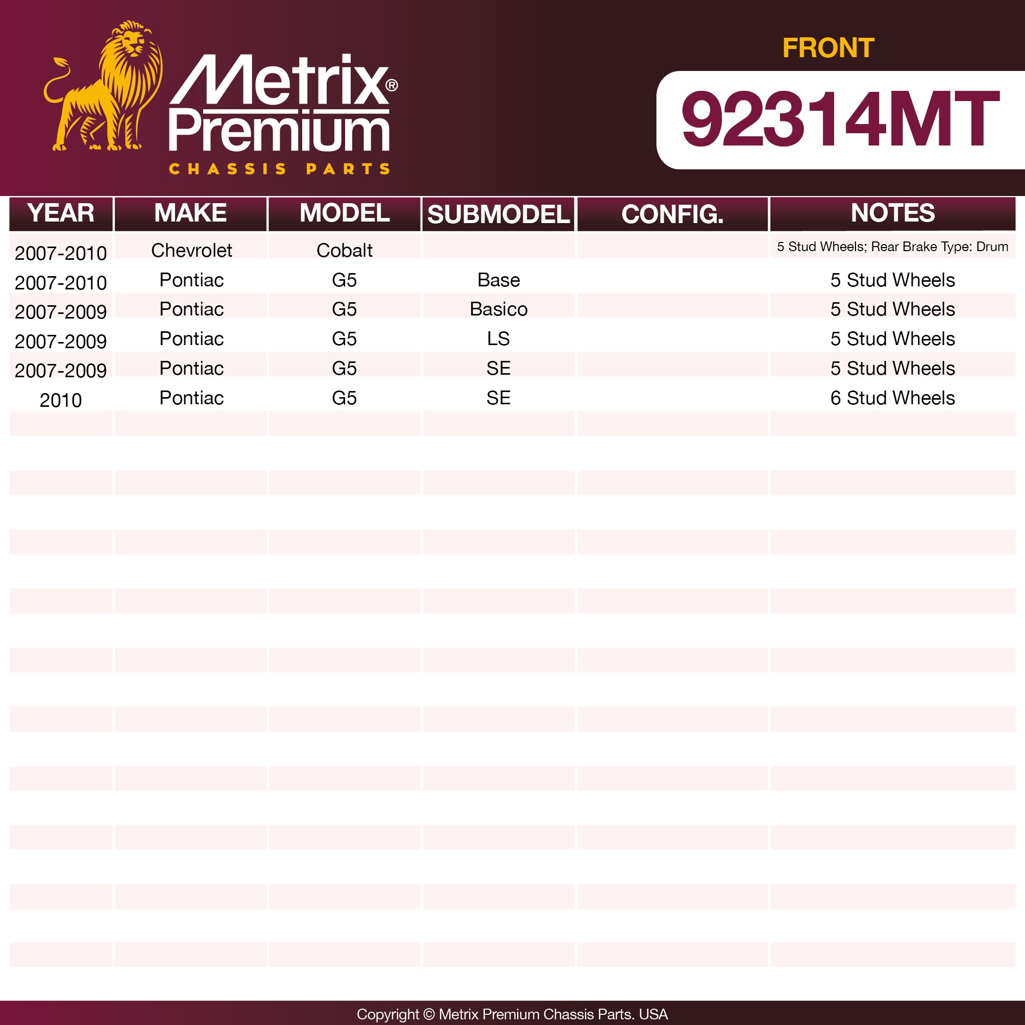 Metrix Premium Front Disc Brake Rotor Kit 92314MT OEM fit spare parts