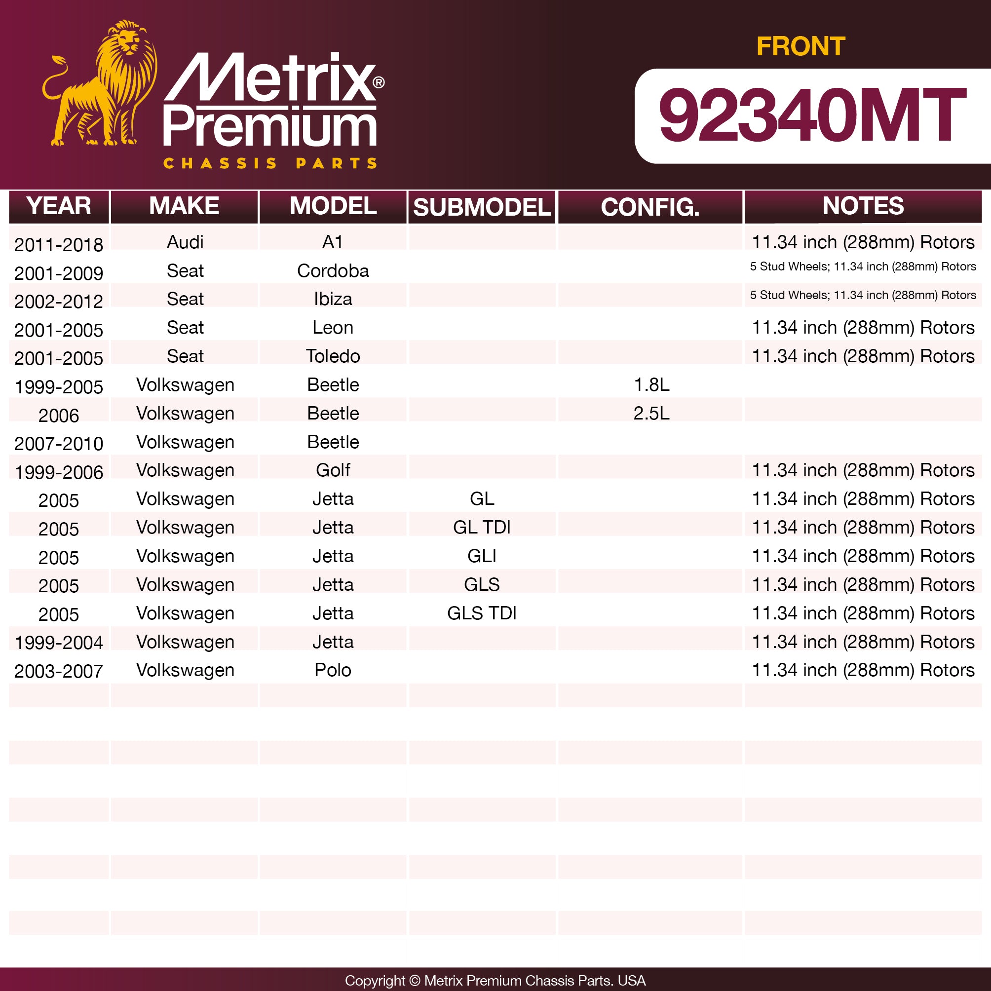 Metrix Premium Front Disc Brake Rotor Kit 92340MT OEM fit spare parts
