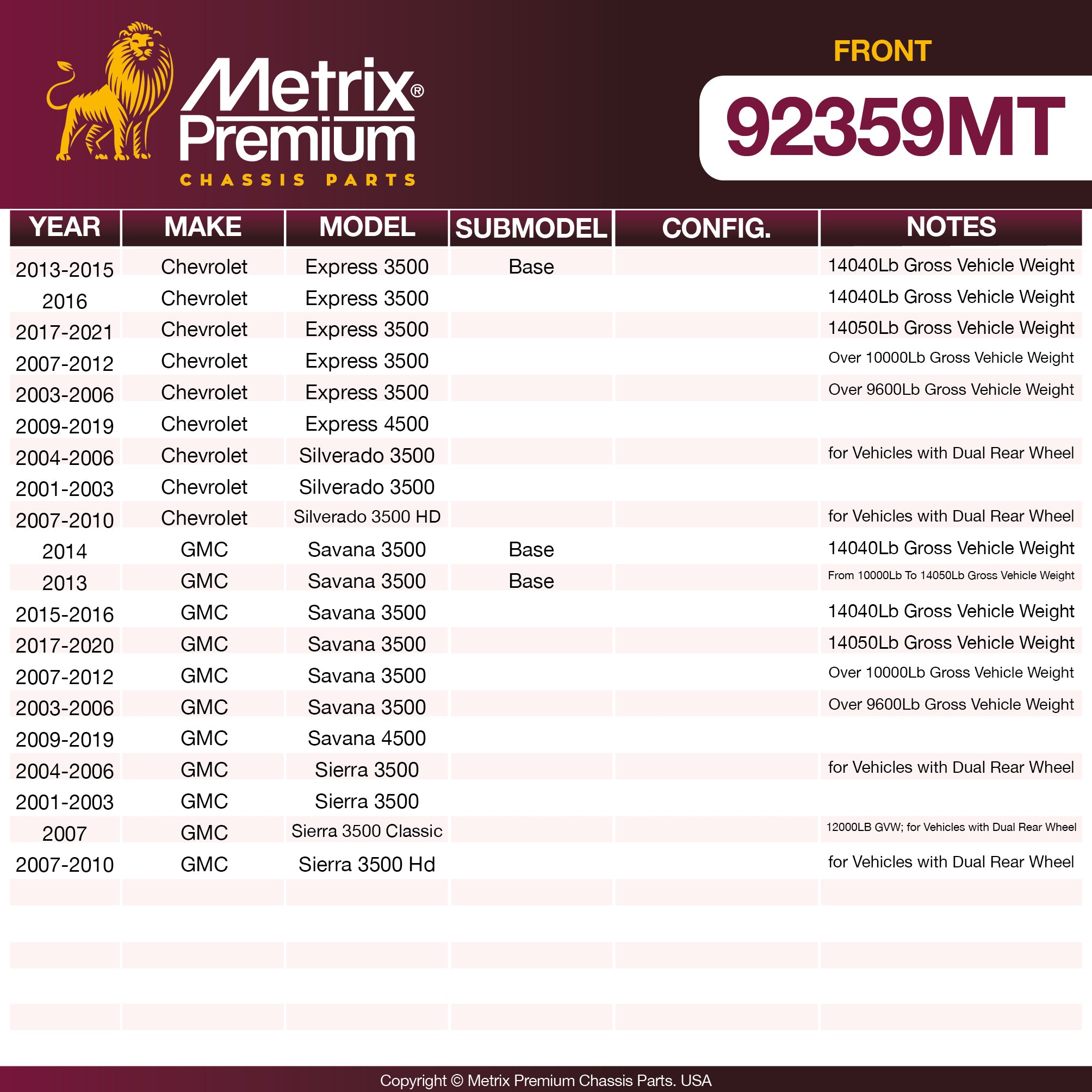 Metrix Premium Front Disc Brake Rotor Kit 92359MT OEM fit spare parts