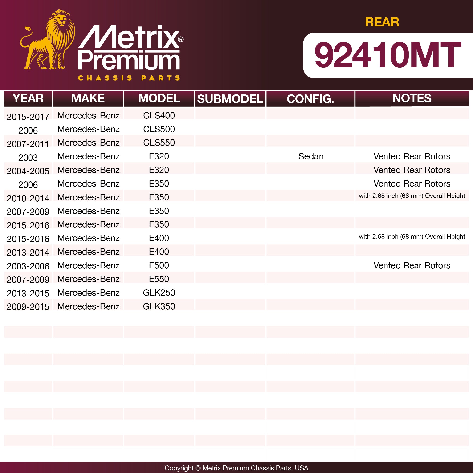 Metrix Premium Rear Disc Brake Rotor Kit 92410MT OEM fit spare parts