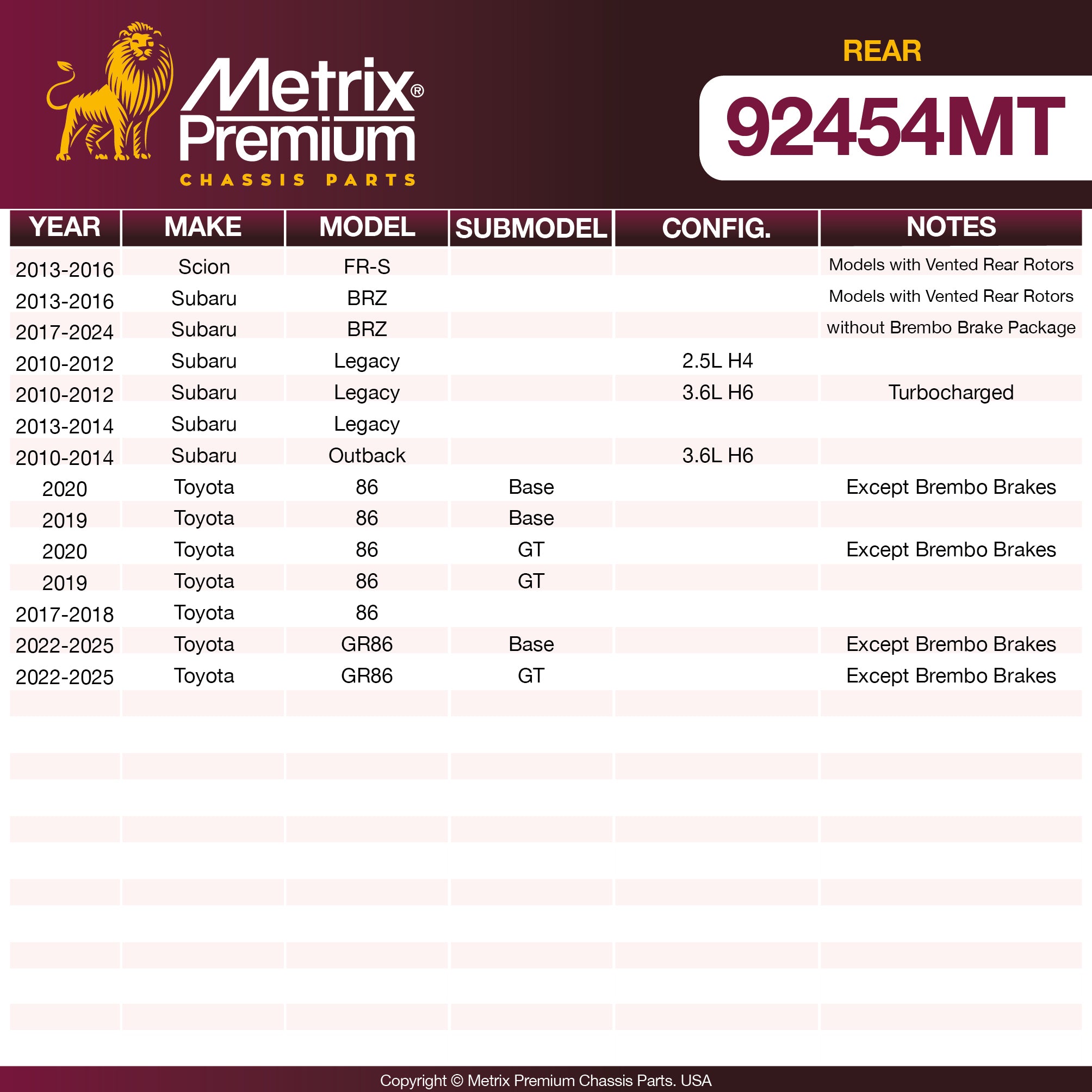 Metrix Premium Rear Disc Brake Rotor Kit 92454MT OEM fit spare parts
