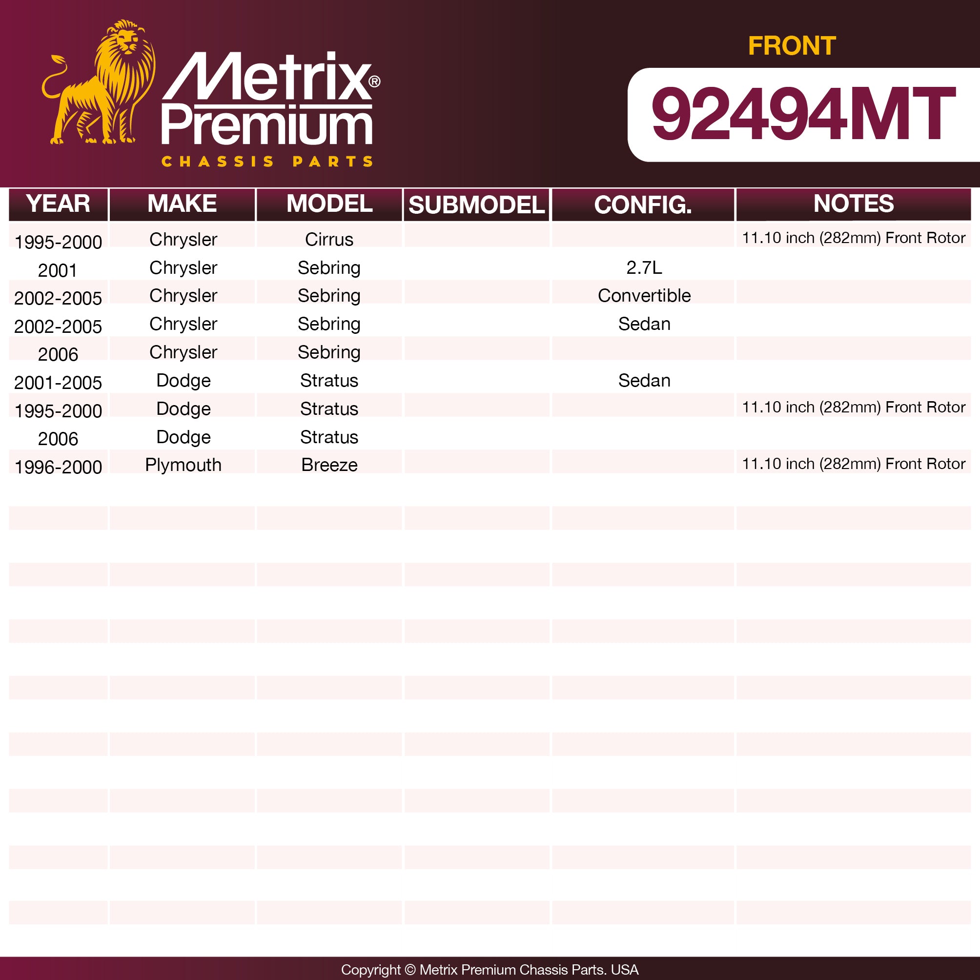 Metrix Premium Front Disc Brake Rotor Kit 92494MT OEM fit spare parts