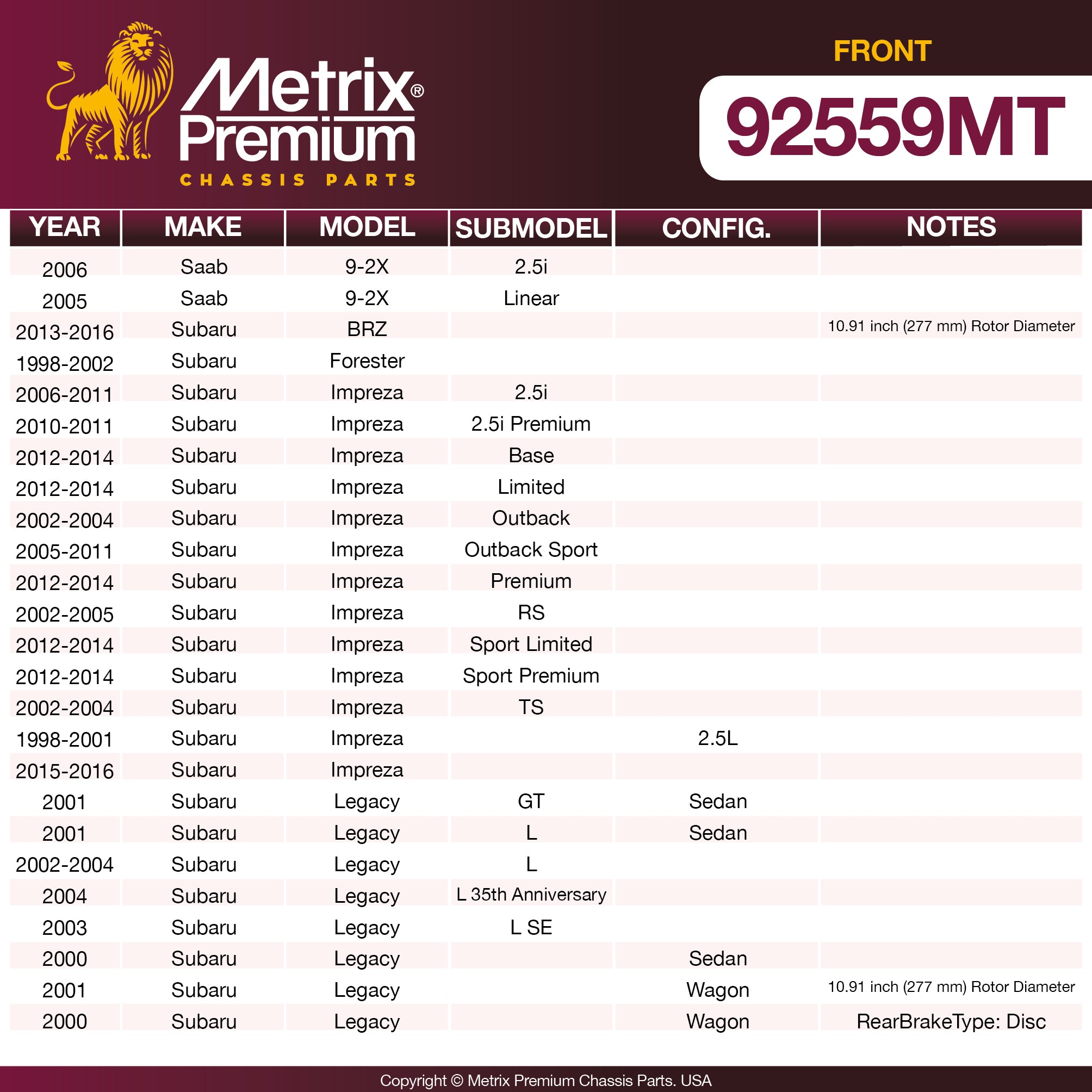 Metrix Premium Front Disc Brake Rotor Kit 92559MT OEM fit spare parts