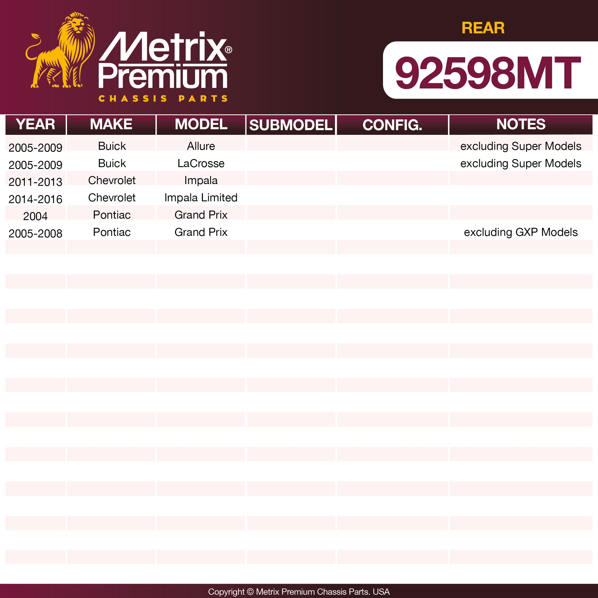 Metrix Premium Rear Disc Brake Rotor Kit 92598MT OEM fit spare parts