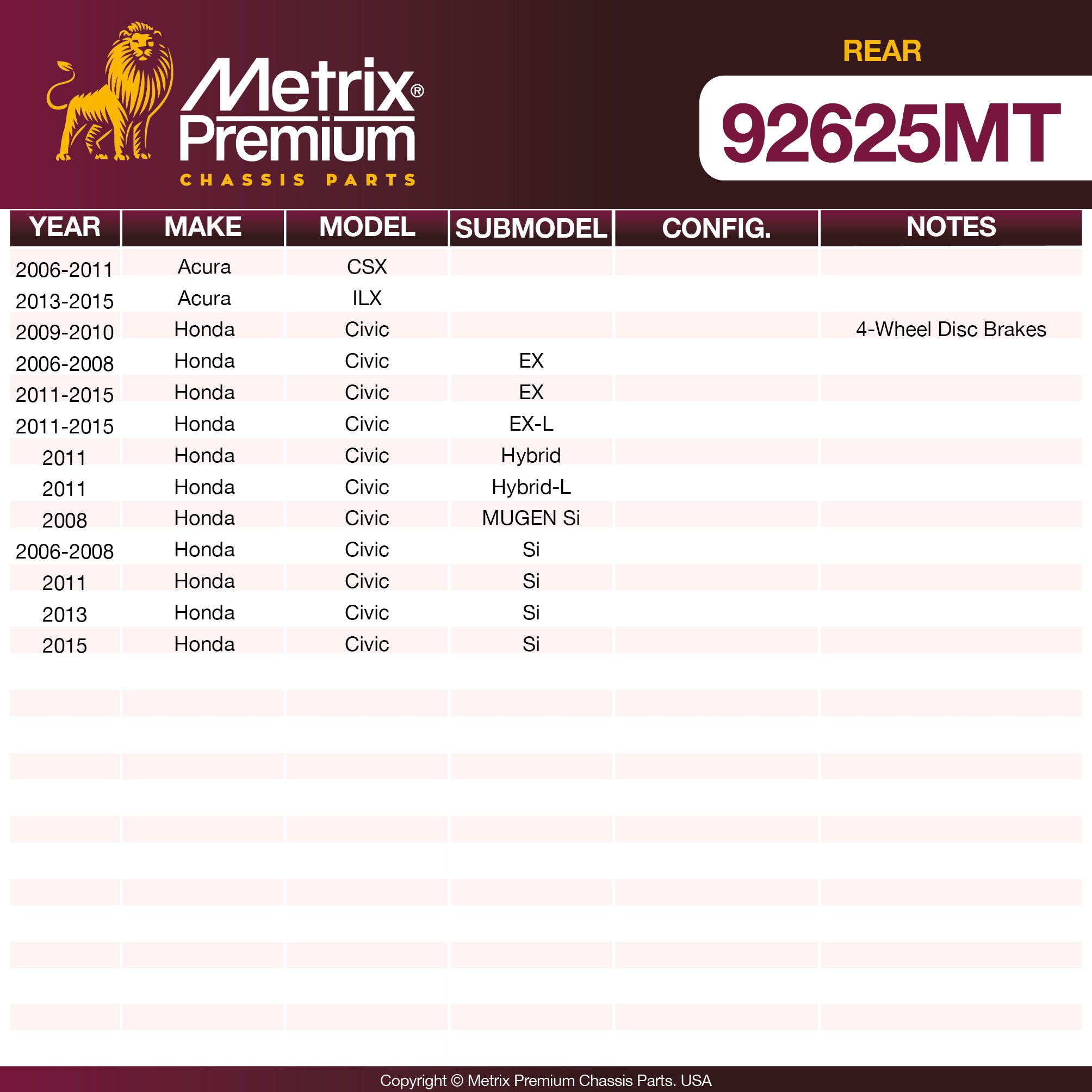 Metrix Premium Rear Disc Brake Rotor Kit 92625MT OEM fit spare parts