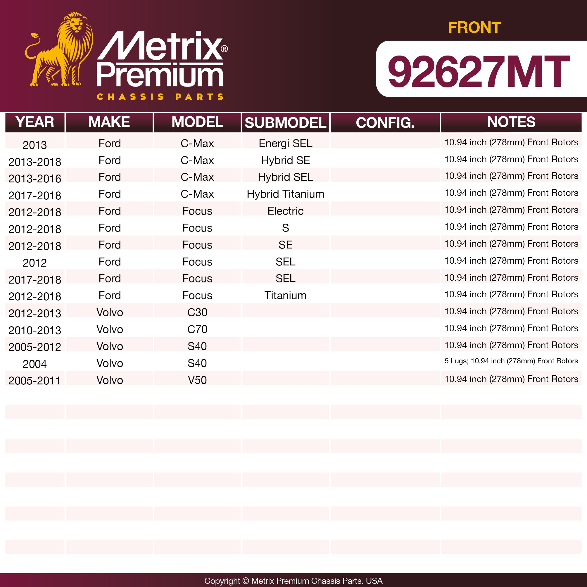 Metrix Premium Front Disc Brake Rotor Kit 92627MT OEM fit spare parts