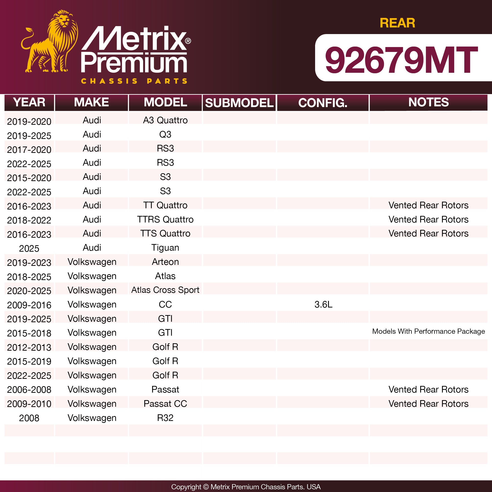 Metrix Premium Rear Disc Brake Rotor Kit 92679MT OEM fit spare parts