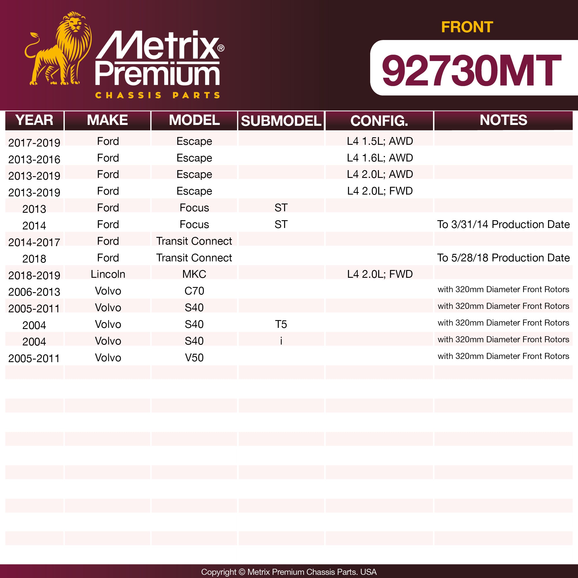 Metrix Premium Front Disc Brake Rotor Kit 92730MT OEM fit spare parts