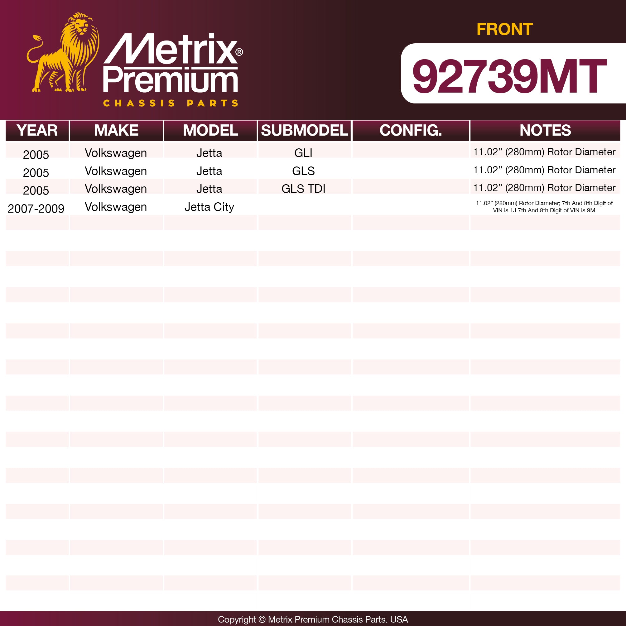 Metrix Premium Front Disc Brake Rotor Kit 92739MT aftermarket car parts