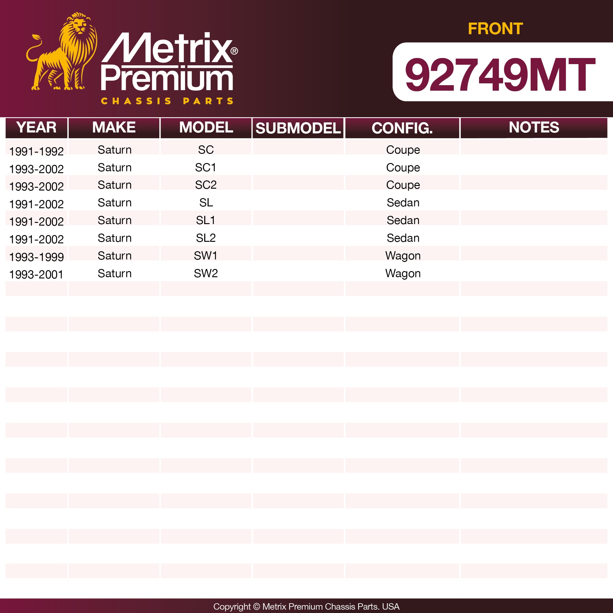 Metrix Premium Front Disc Brake Rotor Kit 92749MT OEM fit spare parts