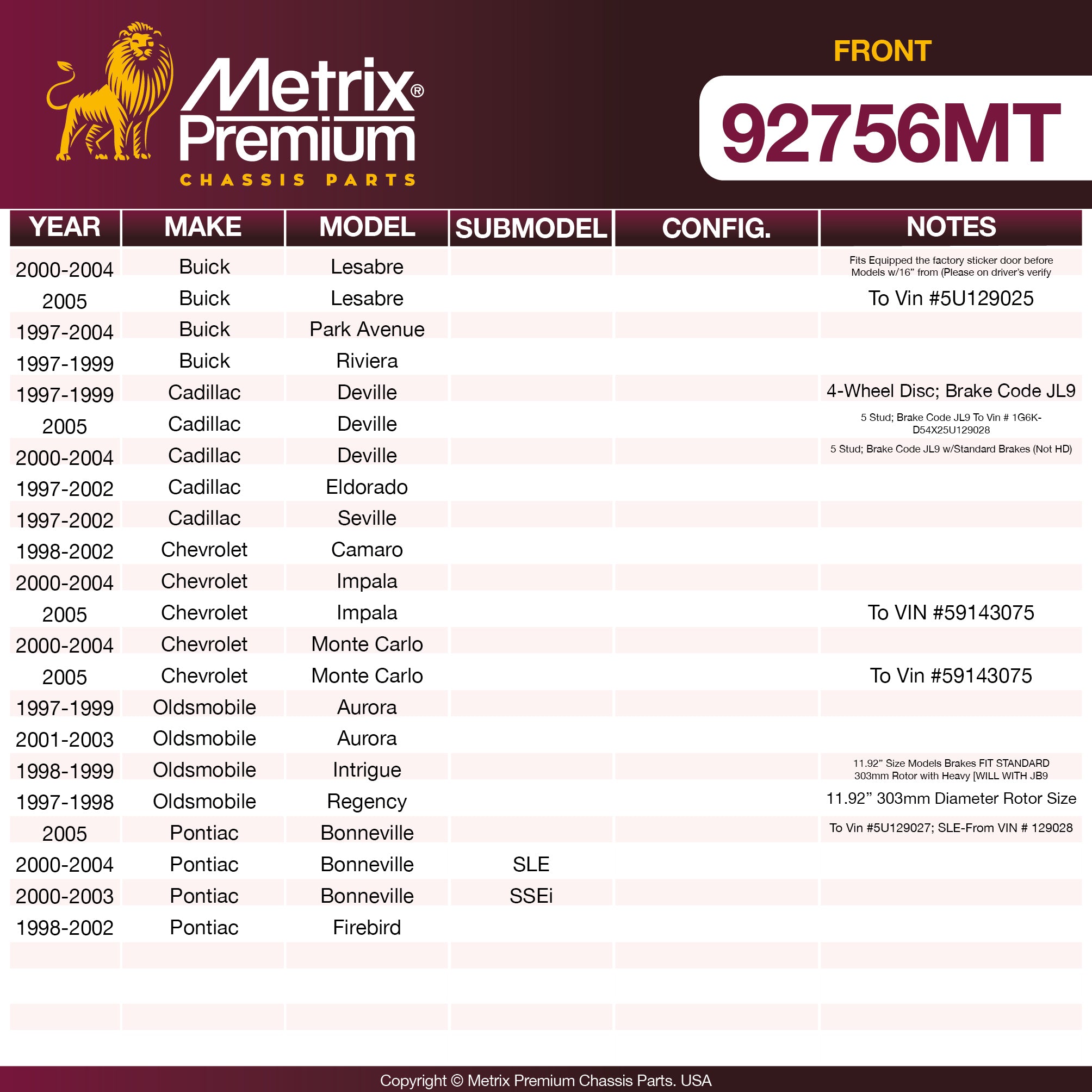 Metrix Premium Front Disc Brake Rotor Kit 92756MT OEM fit spare parts